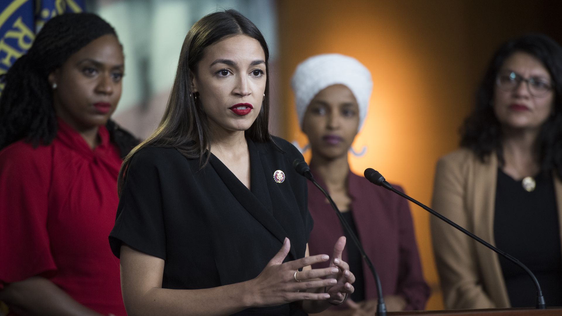  From left, Reps. Ayanna Pressley, D-Mass., Alexandria Ocasio-Cortez, D-N.Y., Ilhan Omar, D-Minn., and Rashida Tlaib, D-Mich., conduct a news conference in the Capitol Visitor Center.