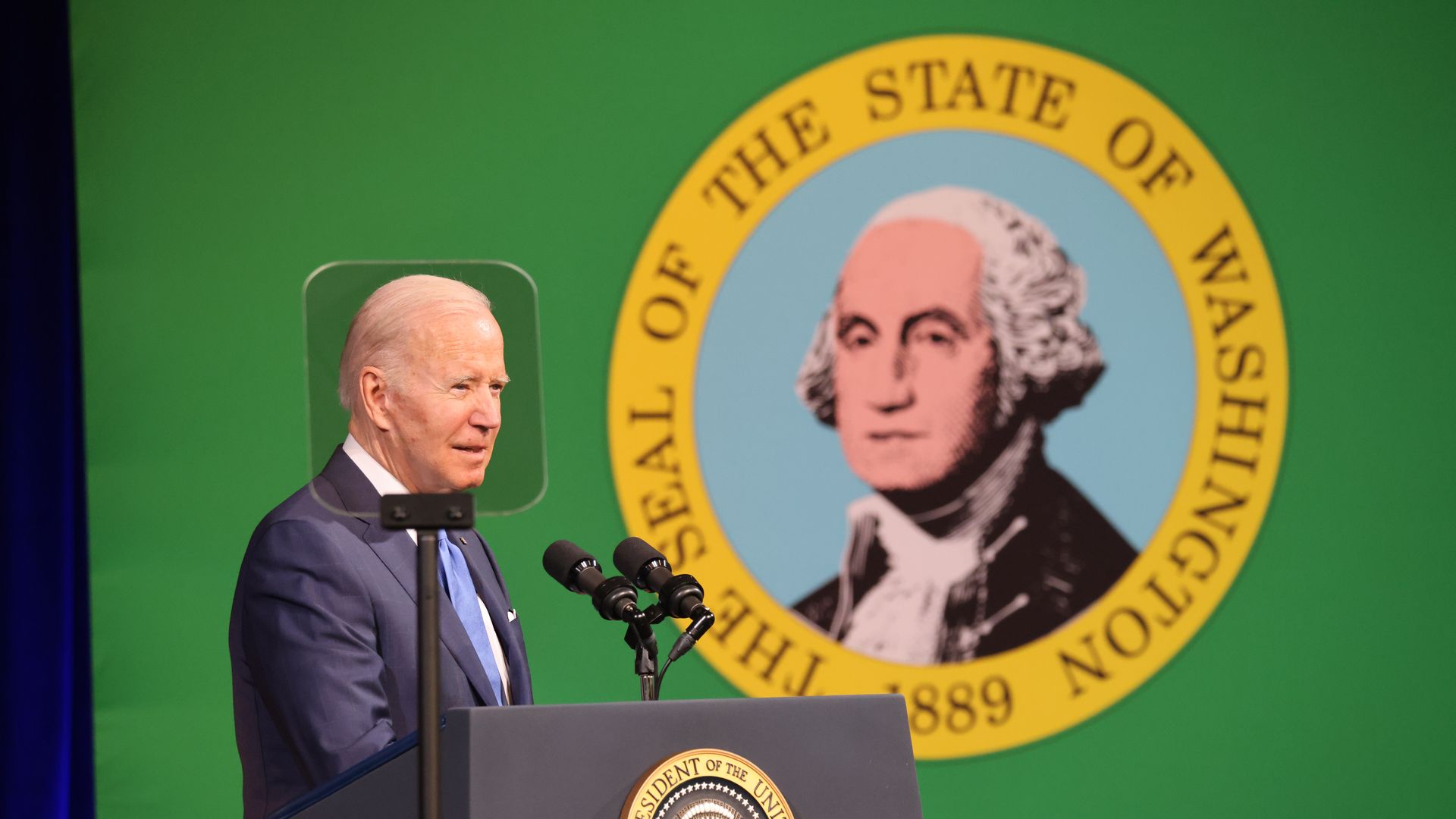 U.S. President Joe Biden speaks about the high cost of prescription drugs and child care at Green River College on April 22, 2022 in Auburn, Washington.