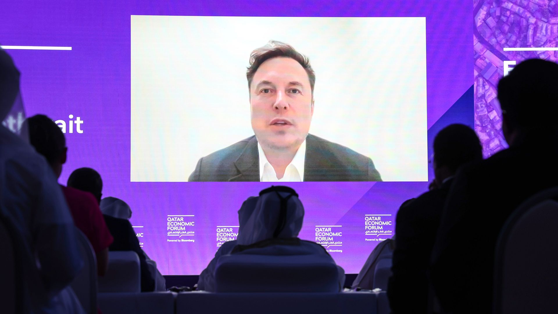 Elon Musk, chief executive officer of Tesla Inc., speaks via video link during the Qatar Economic Forum in Doha, Qatar, on Tuesday, June 21, 2022. 