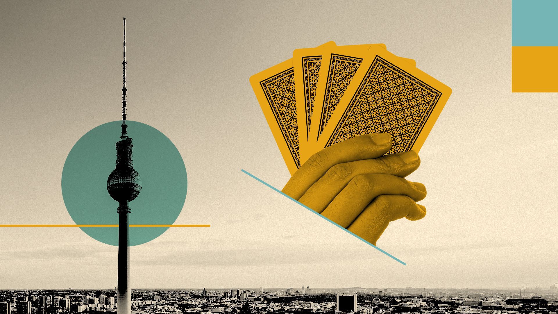 Illustration of a collage featuring a hand of playing cards, the Berlin TV Tower, and colorful shapes and lines. 