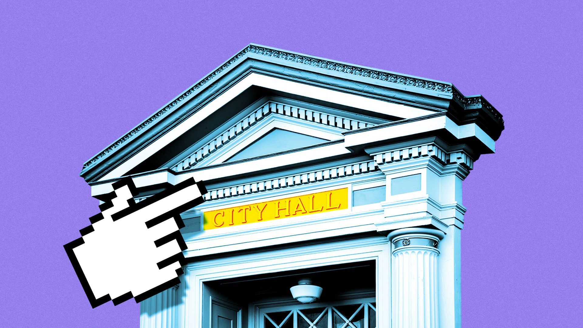 Illustration of a city hall facade with a giant cursor hovering over it