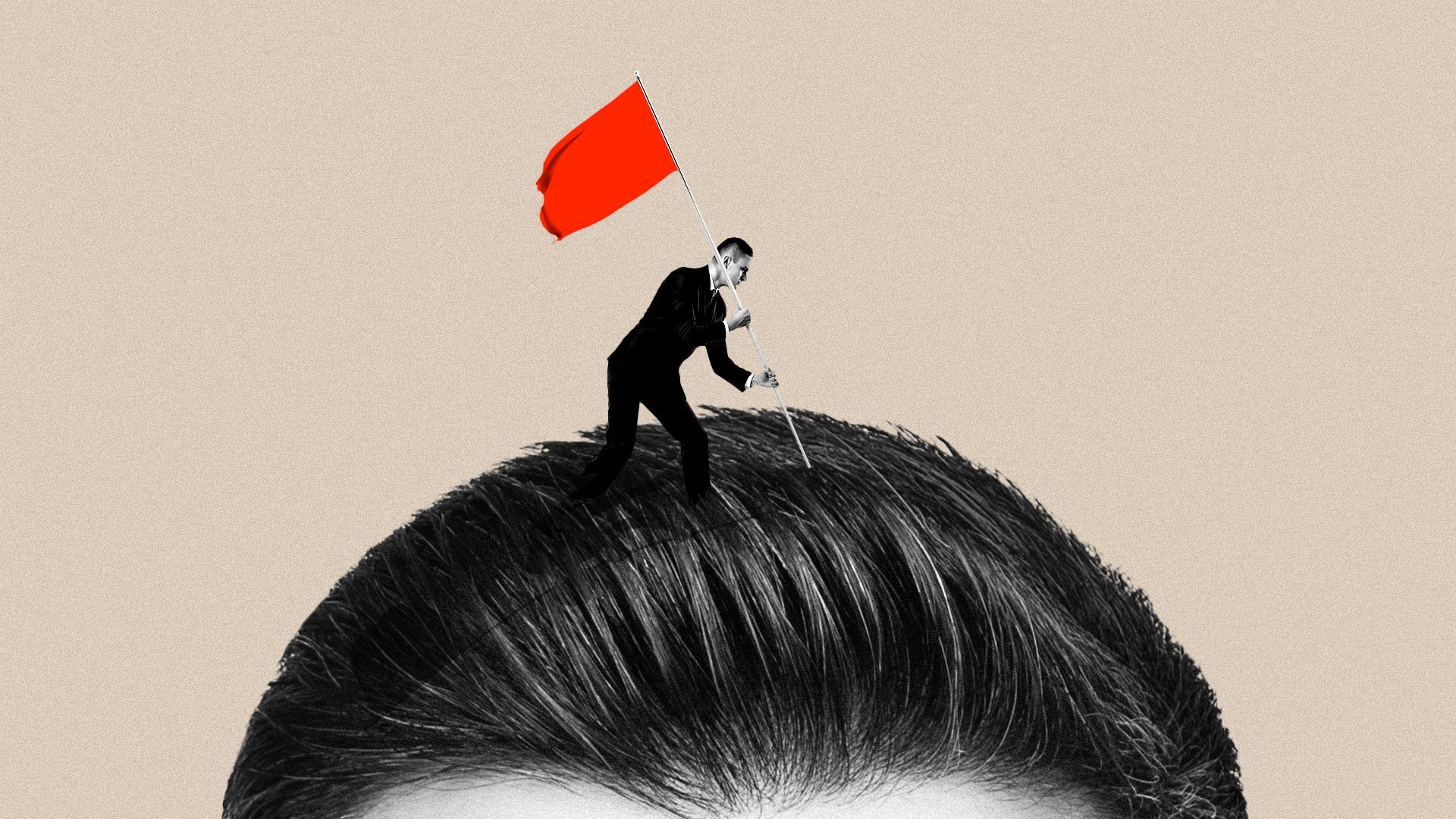 Illustration of a man planting a flag on his own head. 