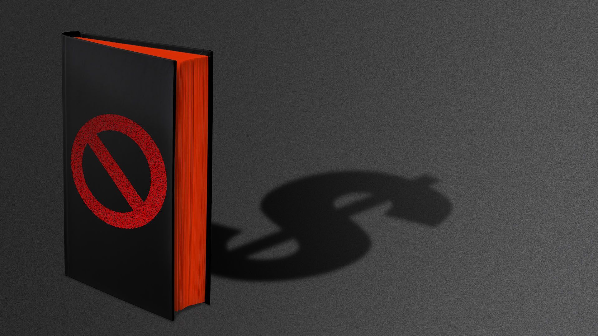 Illustration of a book with a "no" symbol on the covering casting a dollar-sign shadow.