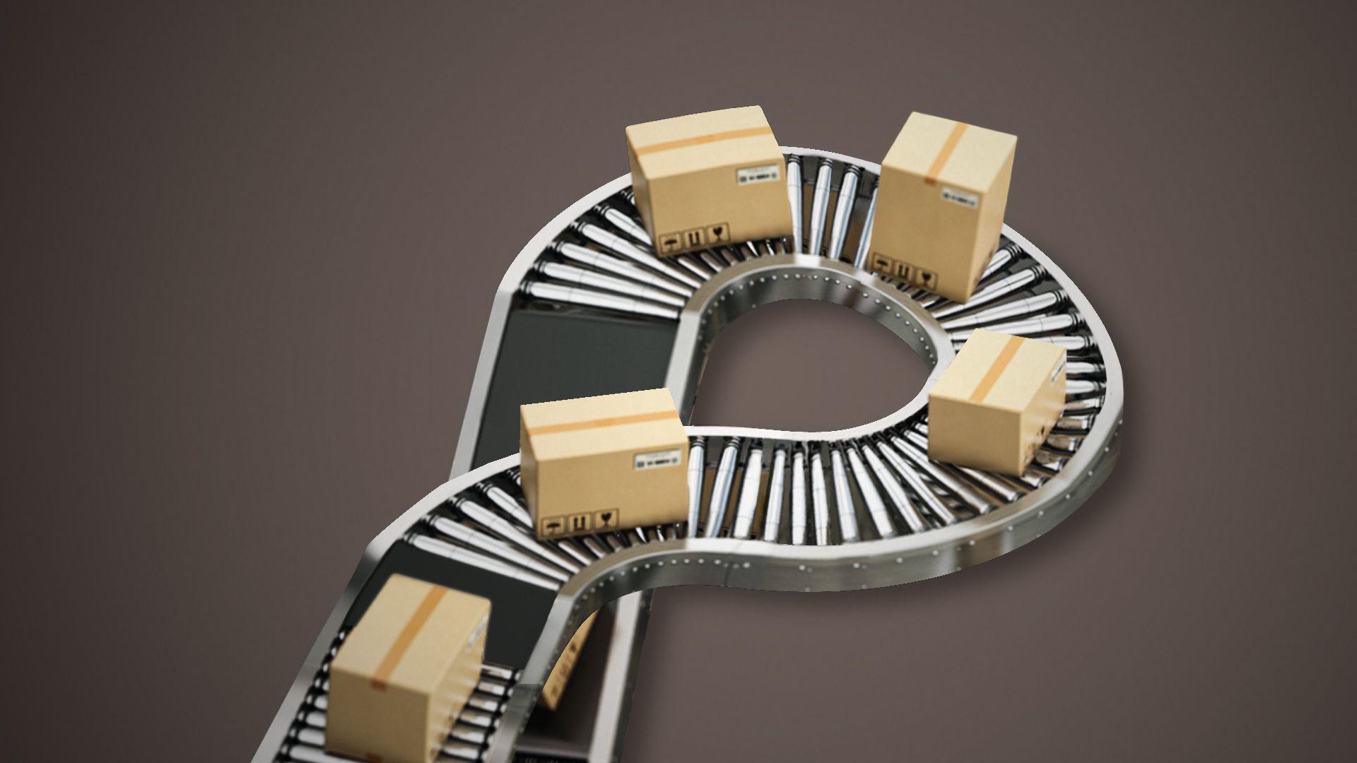 Illustration of packages on a conveyor belt that is shaped like a question mark.