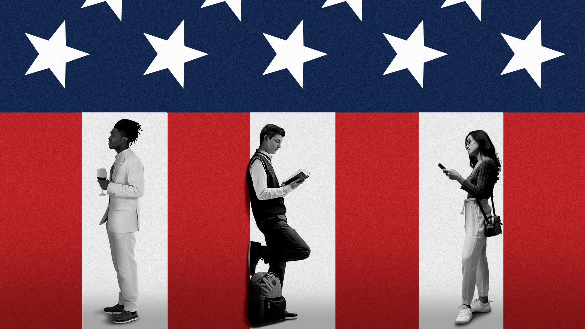 Illustration of three people standing alone between the stripes of an American flag