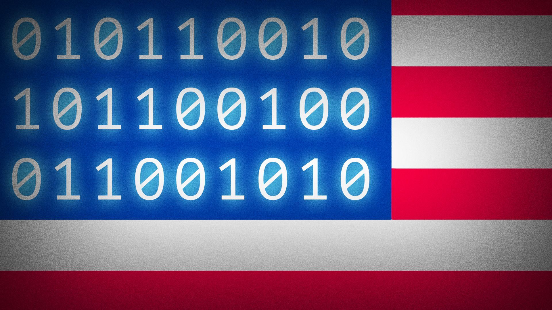Illustration of a US flag, but the starts are replaced with binary numbers.