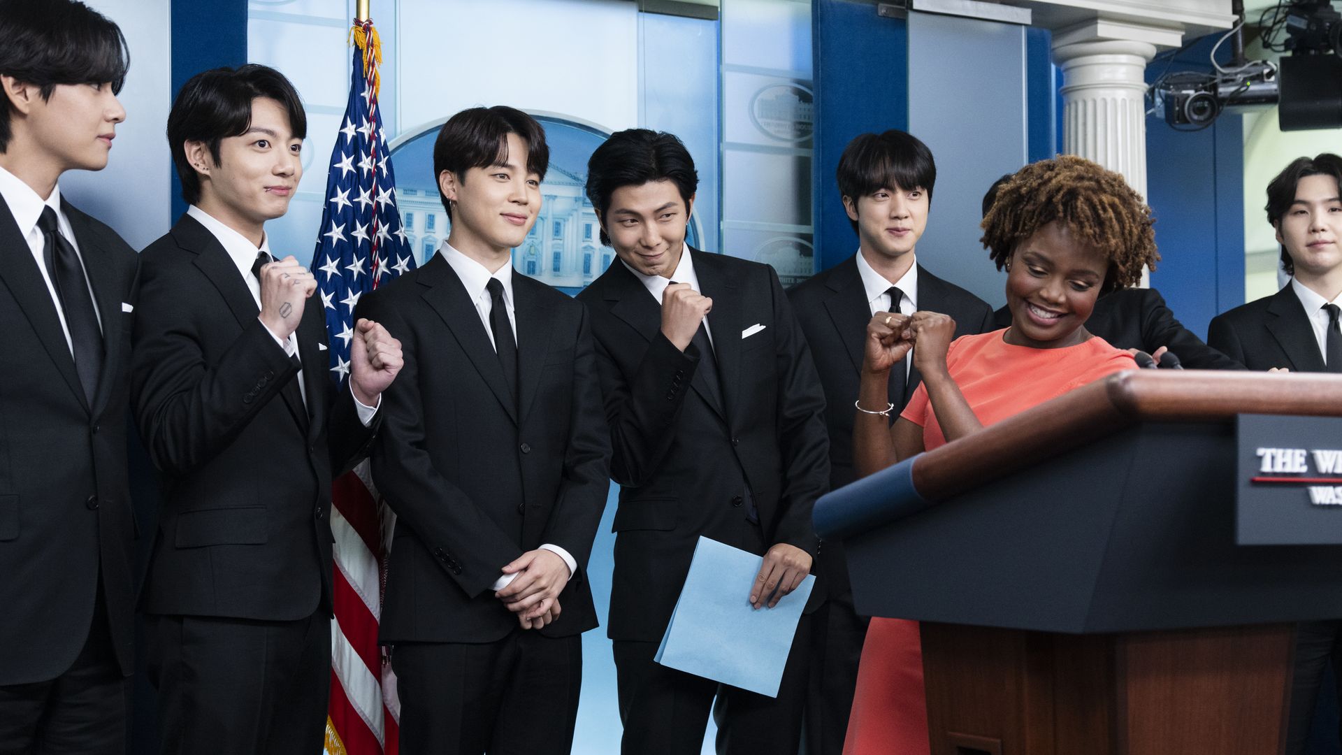 BTS, the K-pop band from South Korea, and Karine Jean-Pierre, White House press secretary, address the media before the group met with President Joe Biden at the White House 