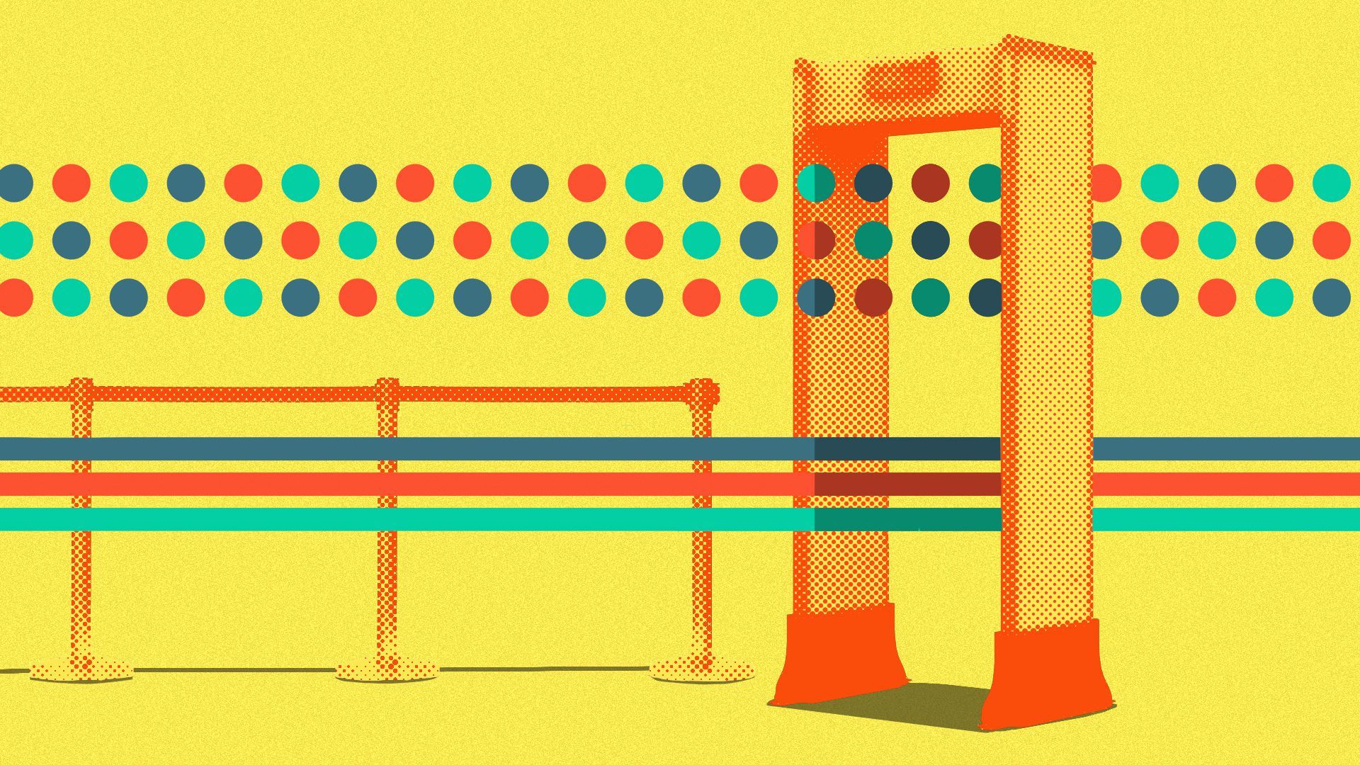 Illustration of a metal detector with patterns of dots and stripes going through it. 