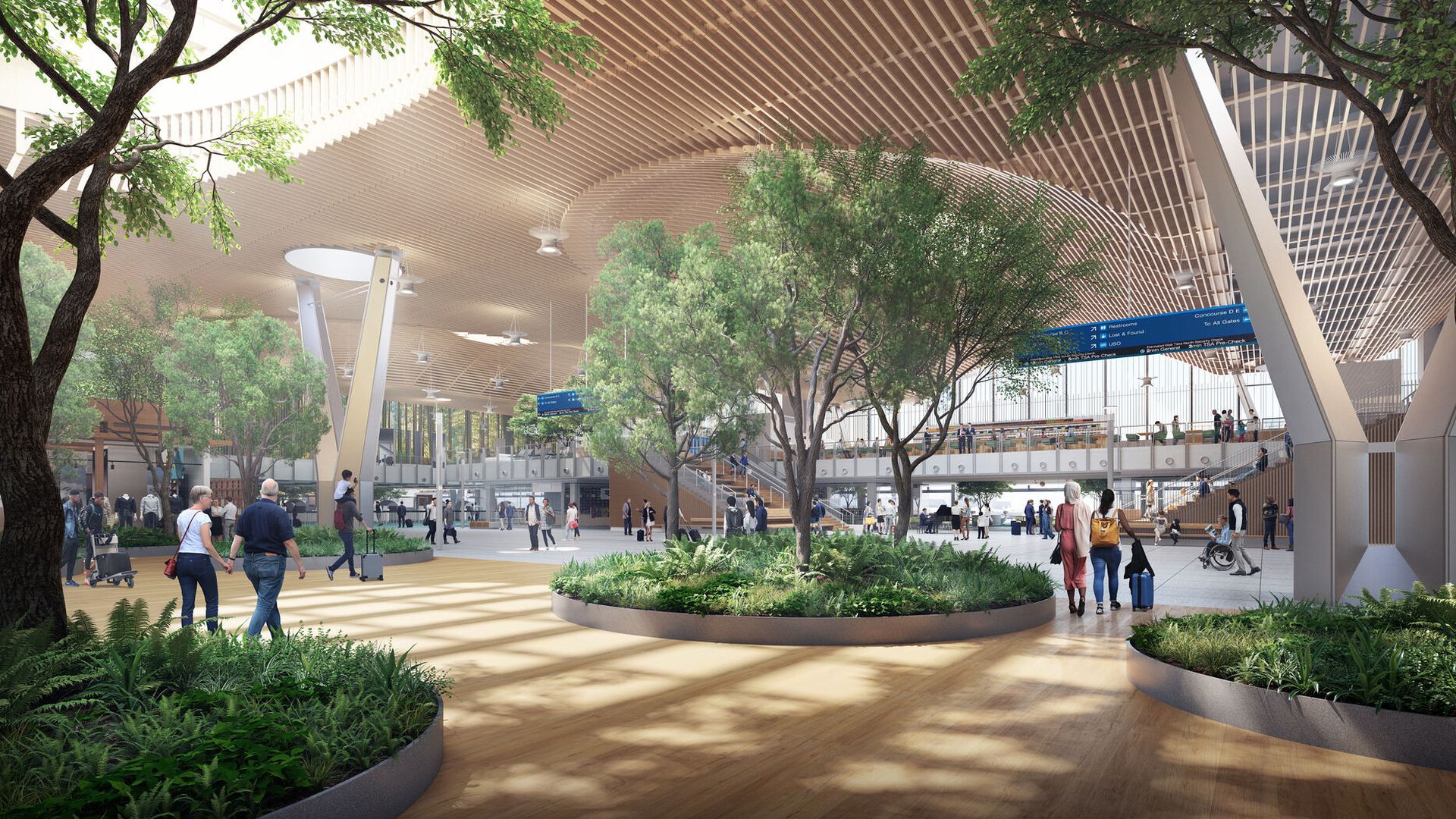 Rendering of an airport terminal with lived trees, wooden finishes and skylights