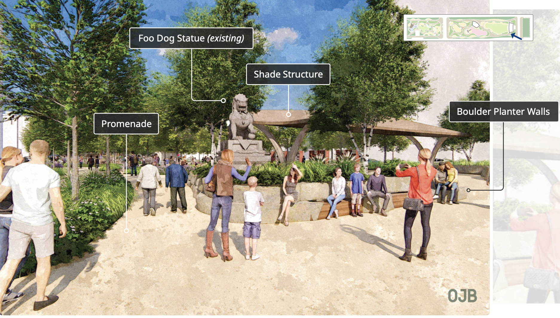 Chinatown Stitch rendering: People walk and sit in a lush park with a promenade, a Foo Dog statue, a shade structure, and boulder planter walls.