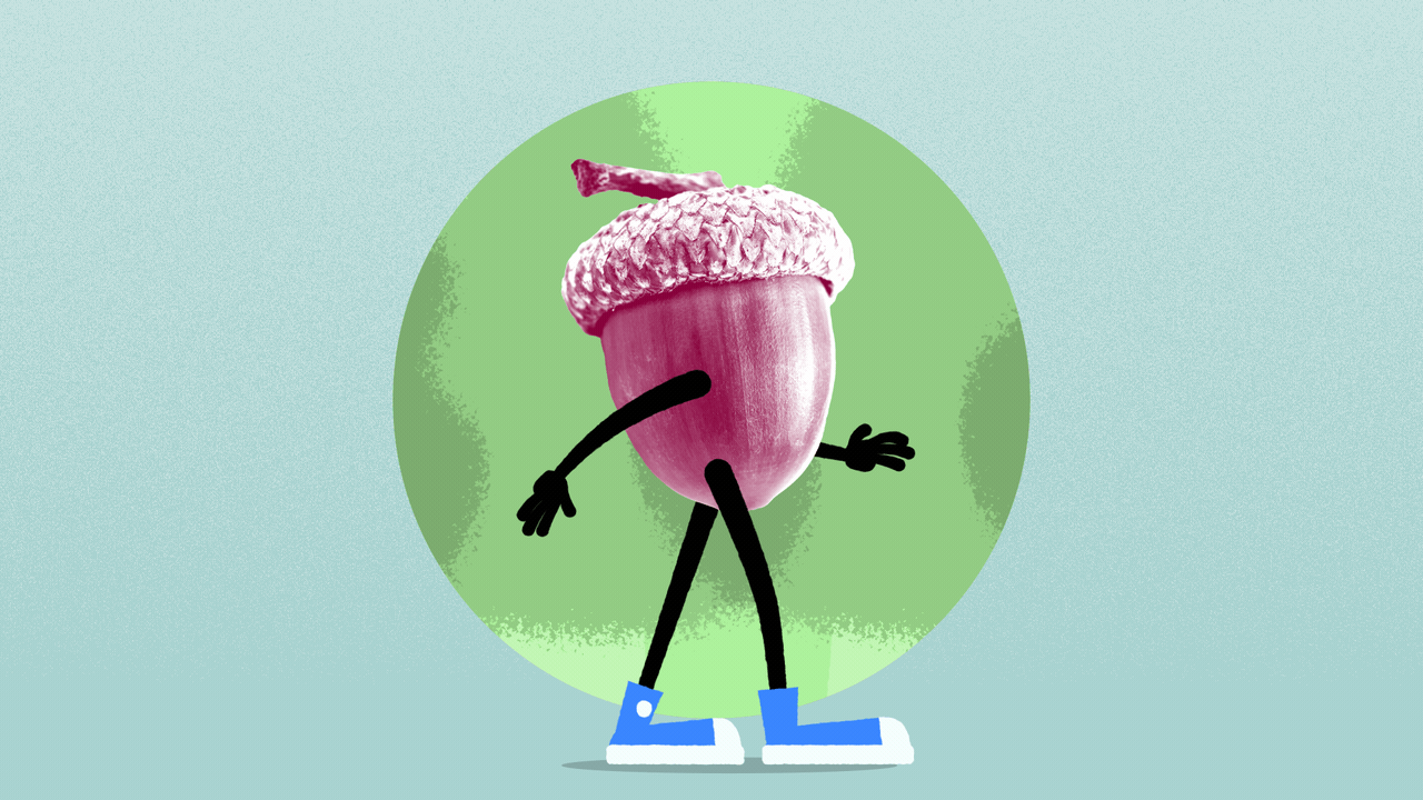 Illustration of an acorn with arms and legs, walking.