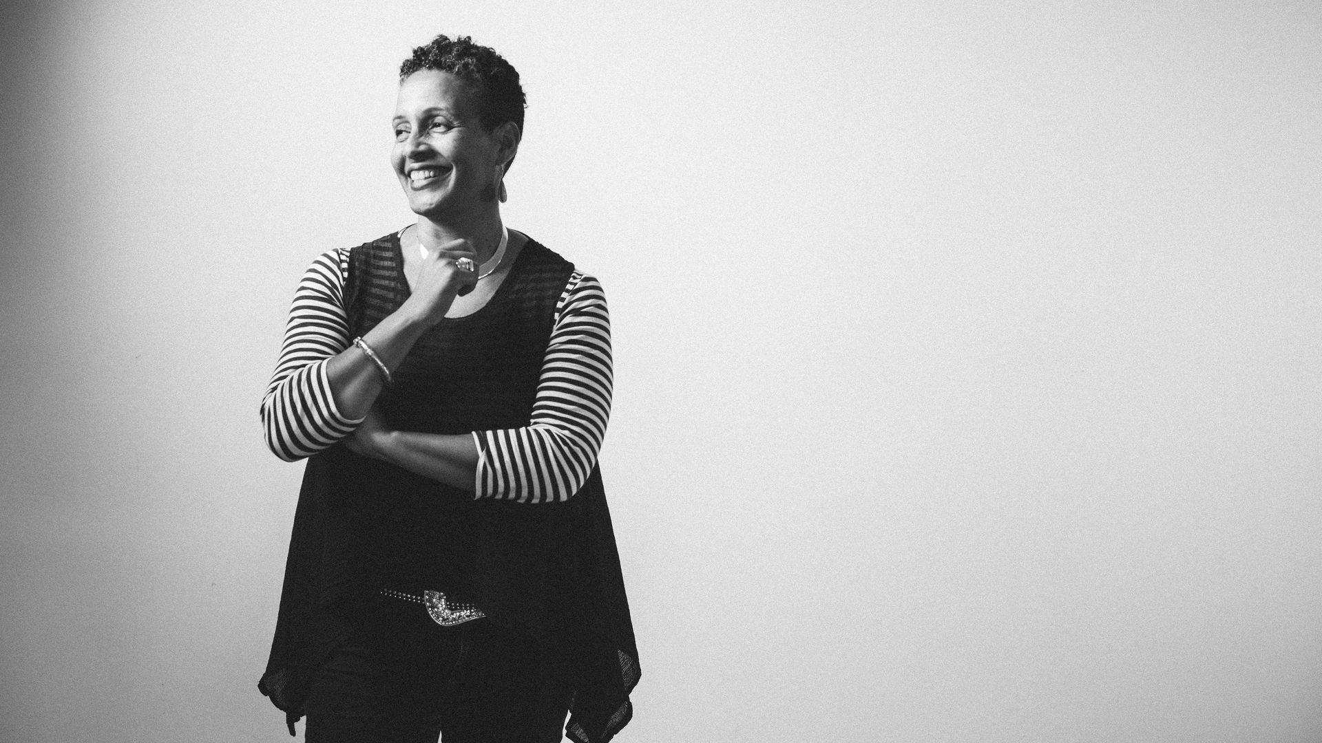 A black and white portrait of former Sundance Film Festival Director Tabitha Jackson.