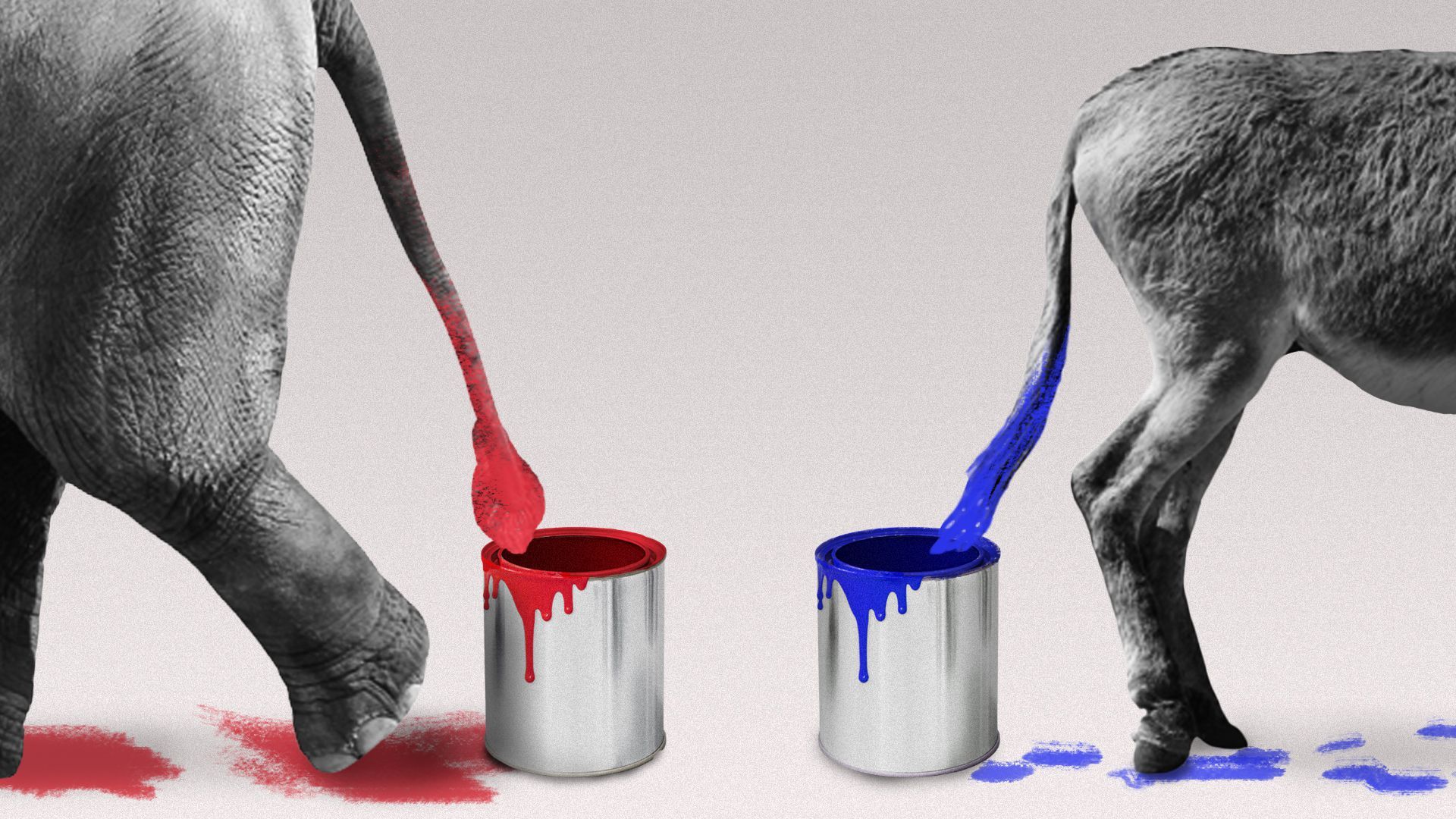 Illustration of a donkey and elephant dipping their tails into blue and red paint buckets.