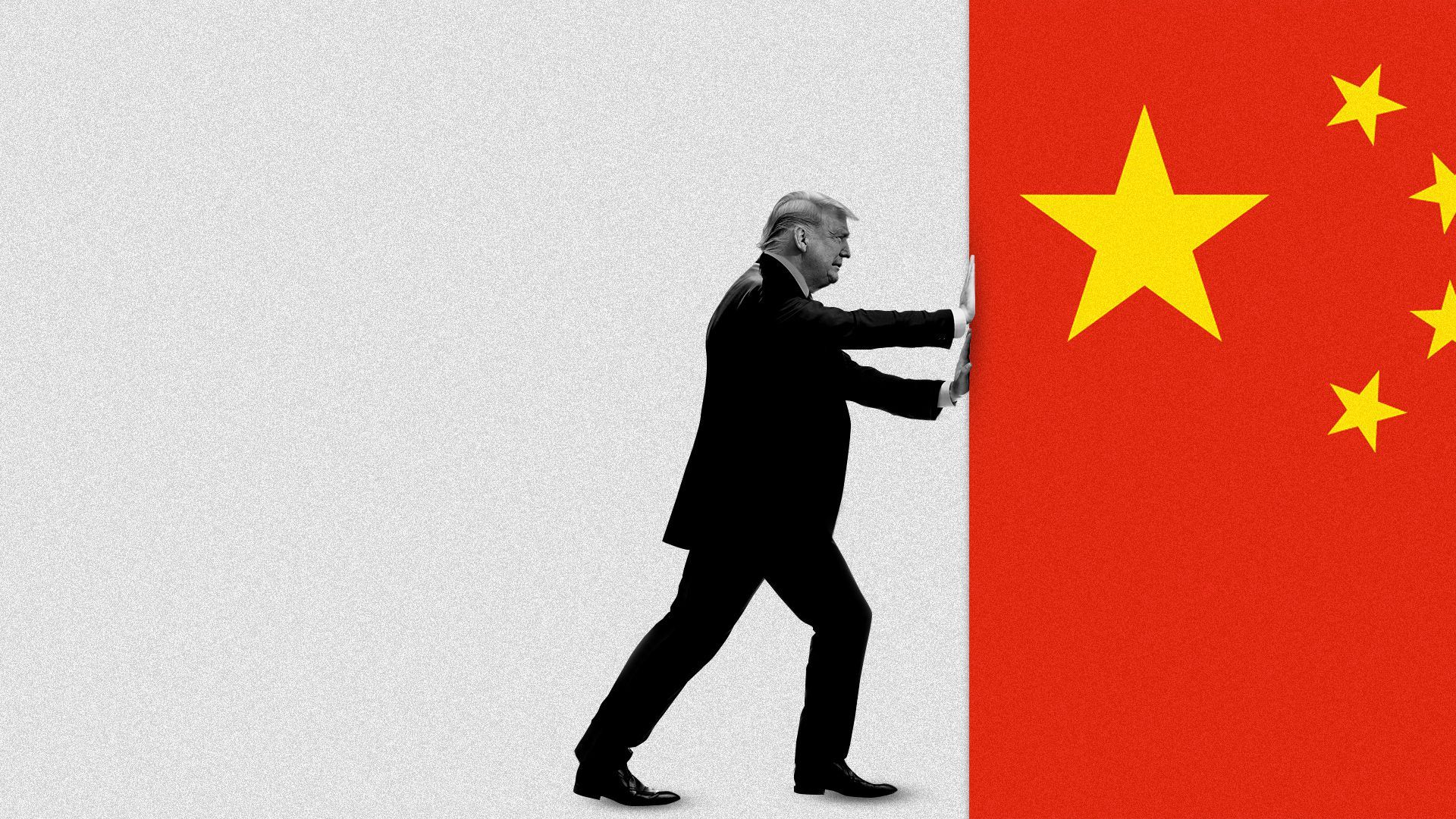 Illustration of President Trump pushing a Chinese flag off screen. 