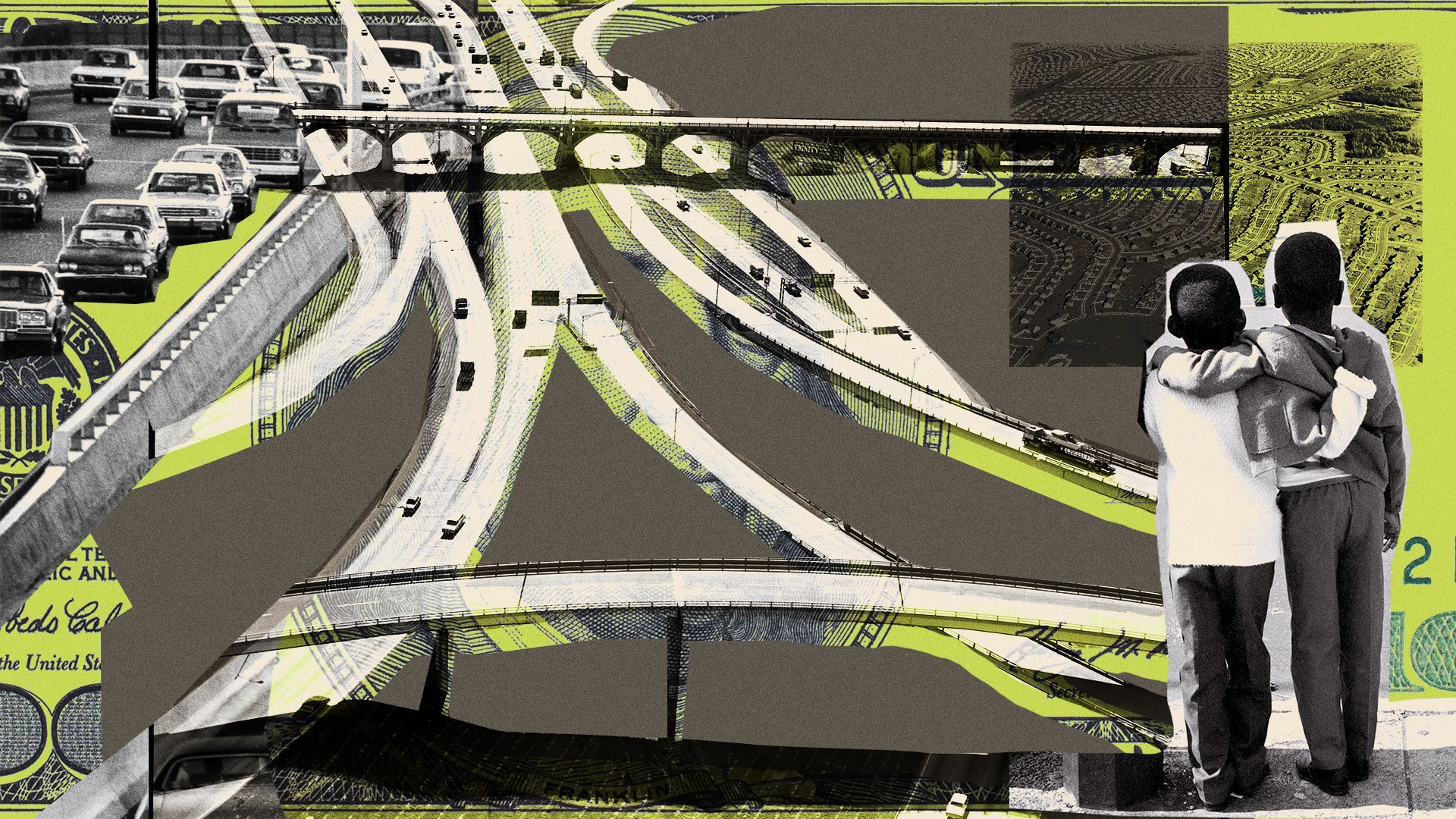 Photo illustration of a highway, car traffic, money, suburbia and two Black boys hugging each other.
