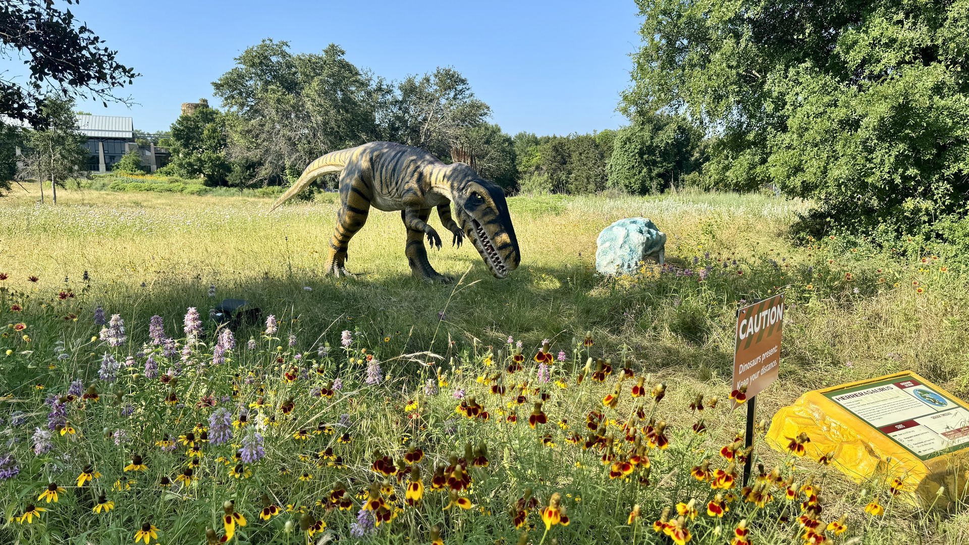 A photo of a fake dino bending over in a field of flowers.