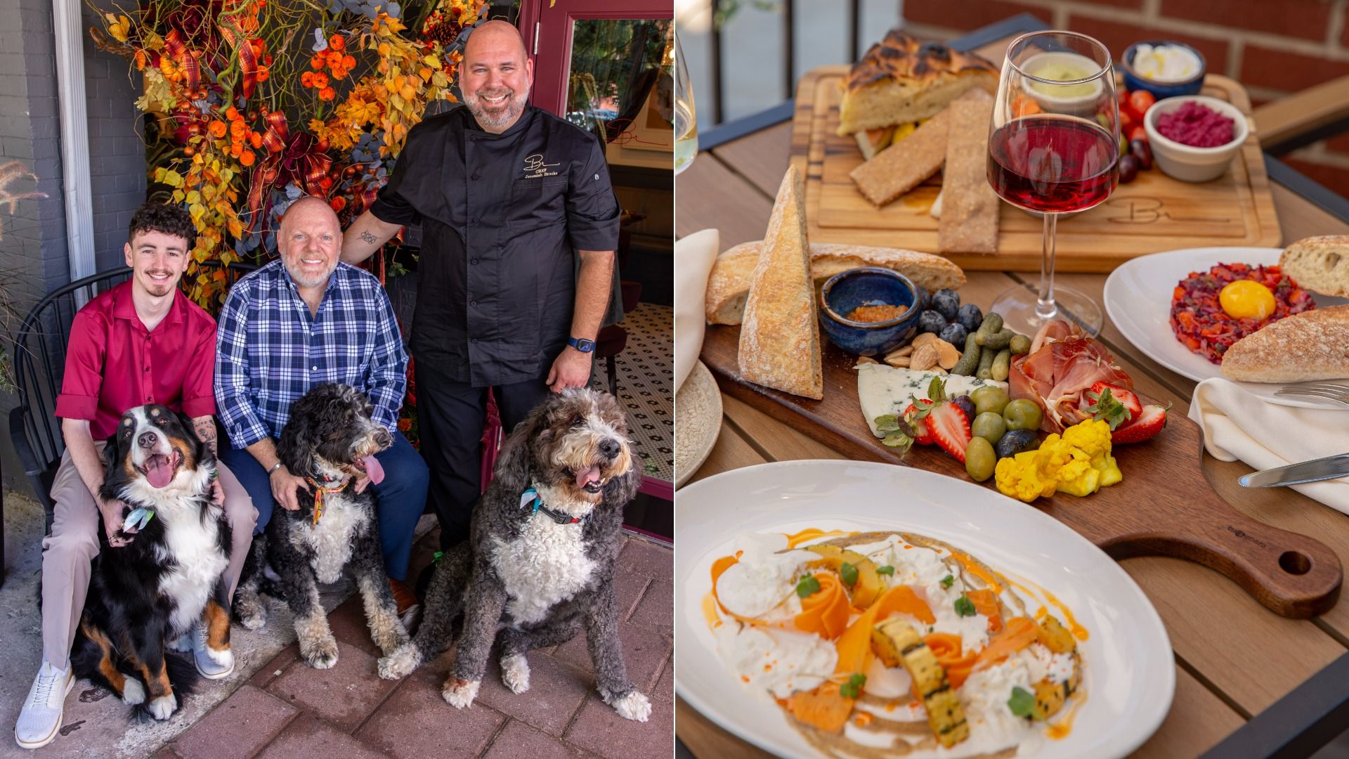 Left: three men, including a chef, smile with three dogs amid autumn leaves. Right: a wooden table with bread, cheese, olives, dips, and a glass of red wine.