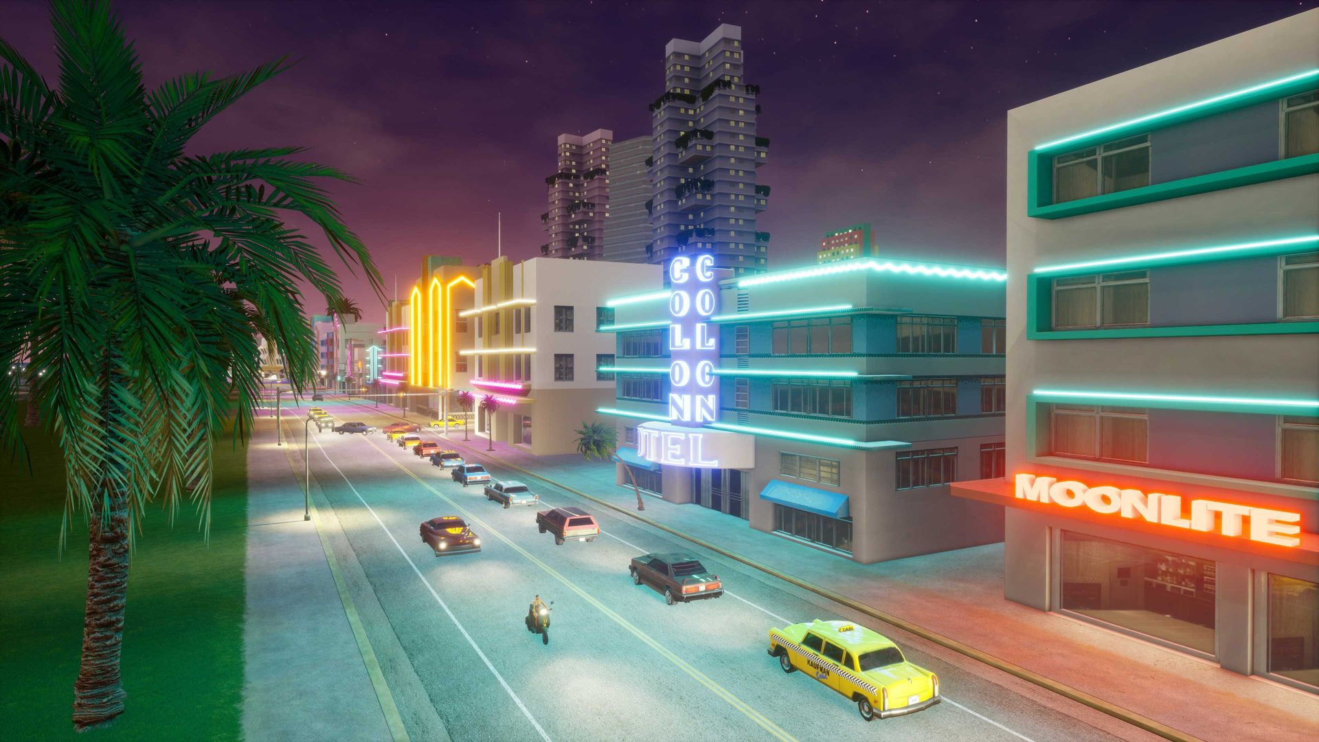 Video game screenshot of a palm-tree-lined city street at night
