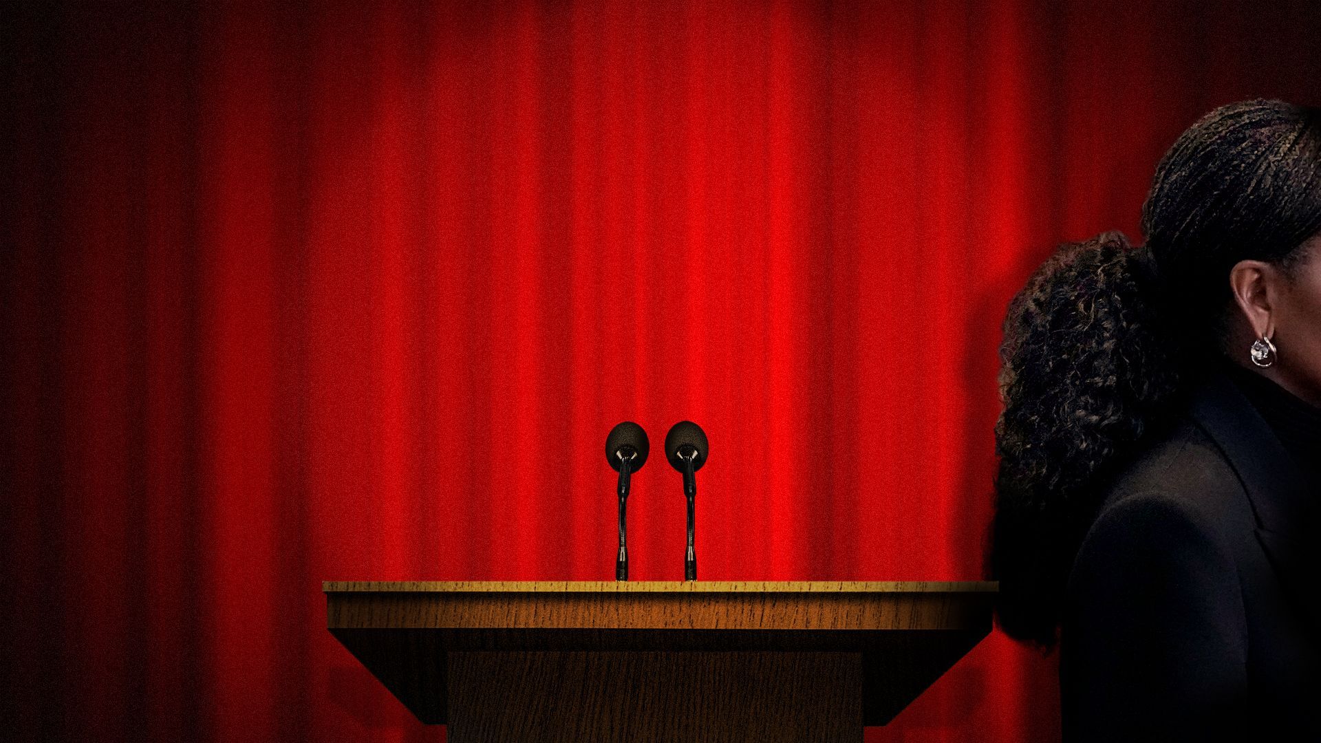 Photo illustration of Michelle Obama walking away from a podium 