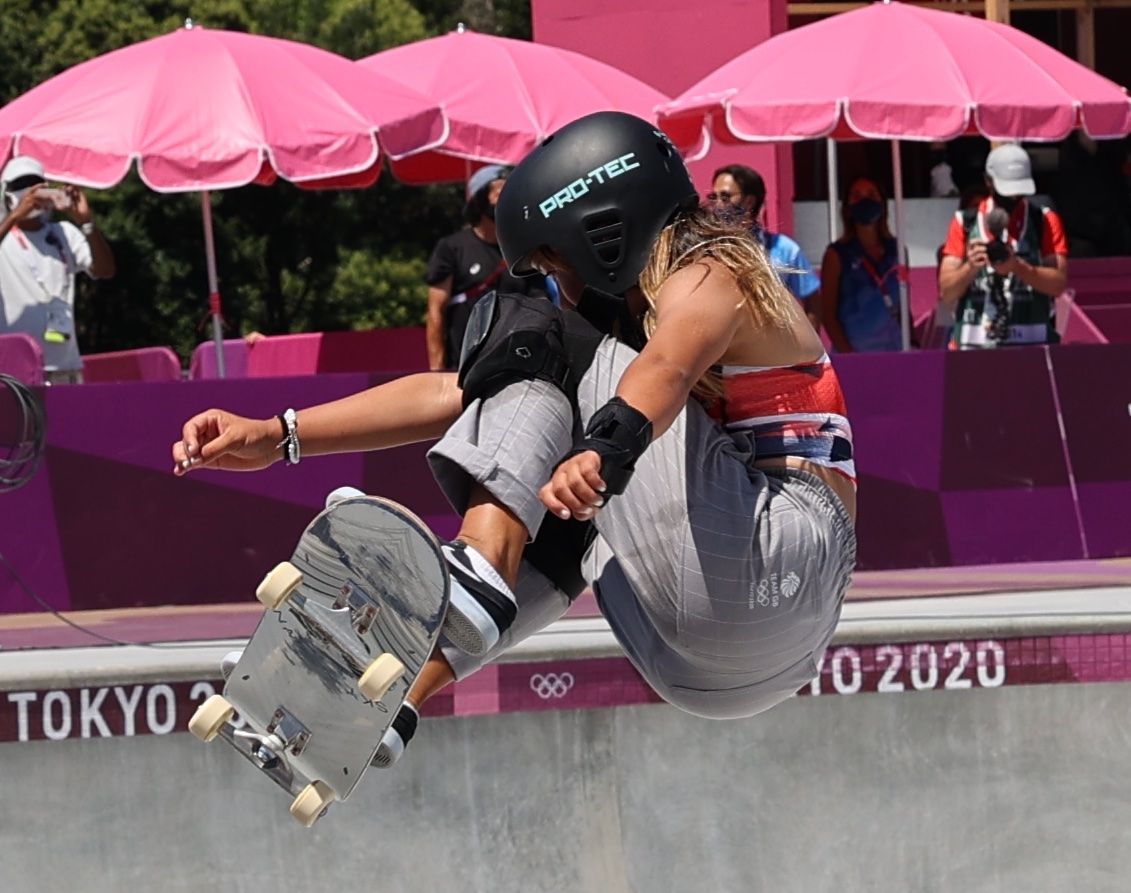 Sky Brown, performing in the first-ever Olympic finals of women's park skateboarding on Wednesday.