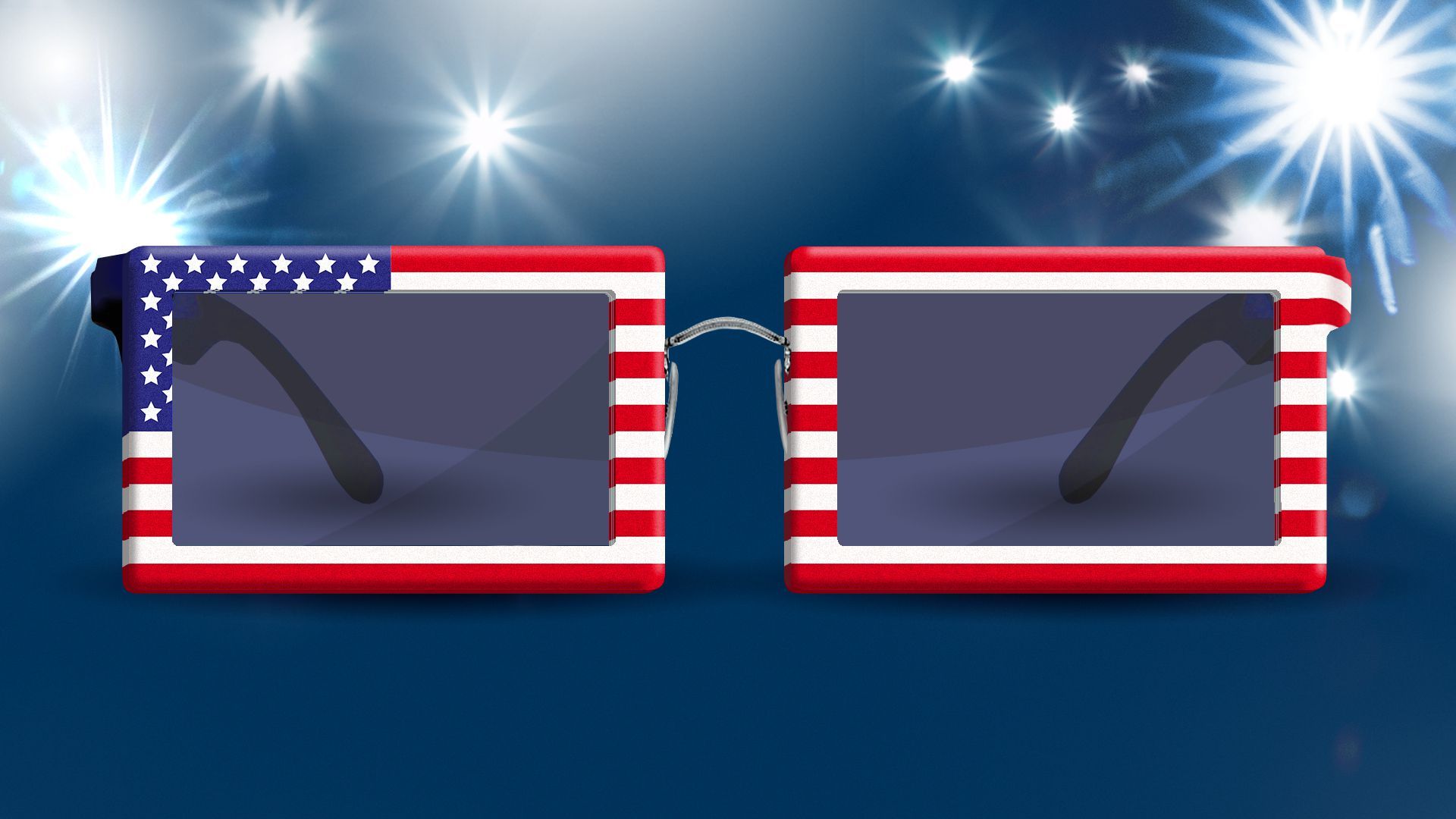 Illustration of sunglasses with U.S. flag frames surrounded by camera flashes