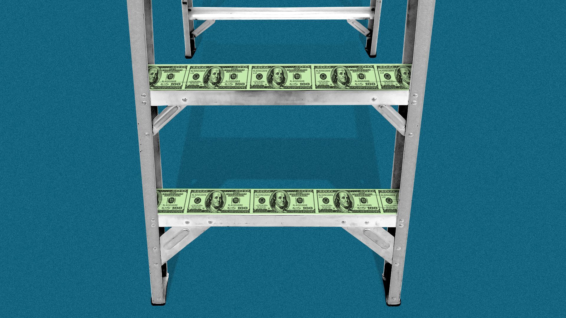 Illustration of a ladder with hundred-dollar bills on the rungs. 
