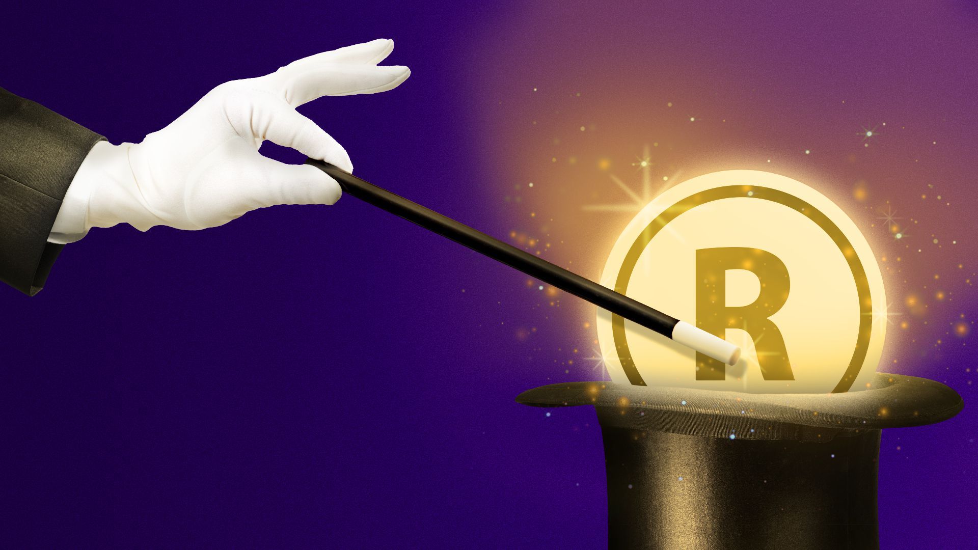 Illustration of a magician pointing a wand at a trademark symbol emerging from a hat.
