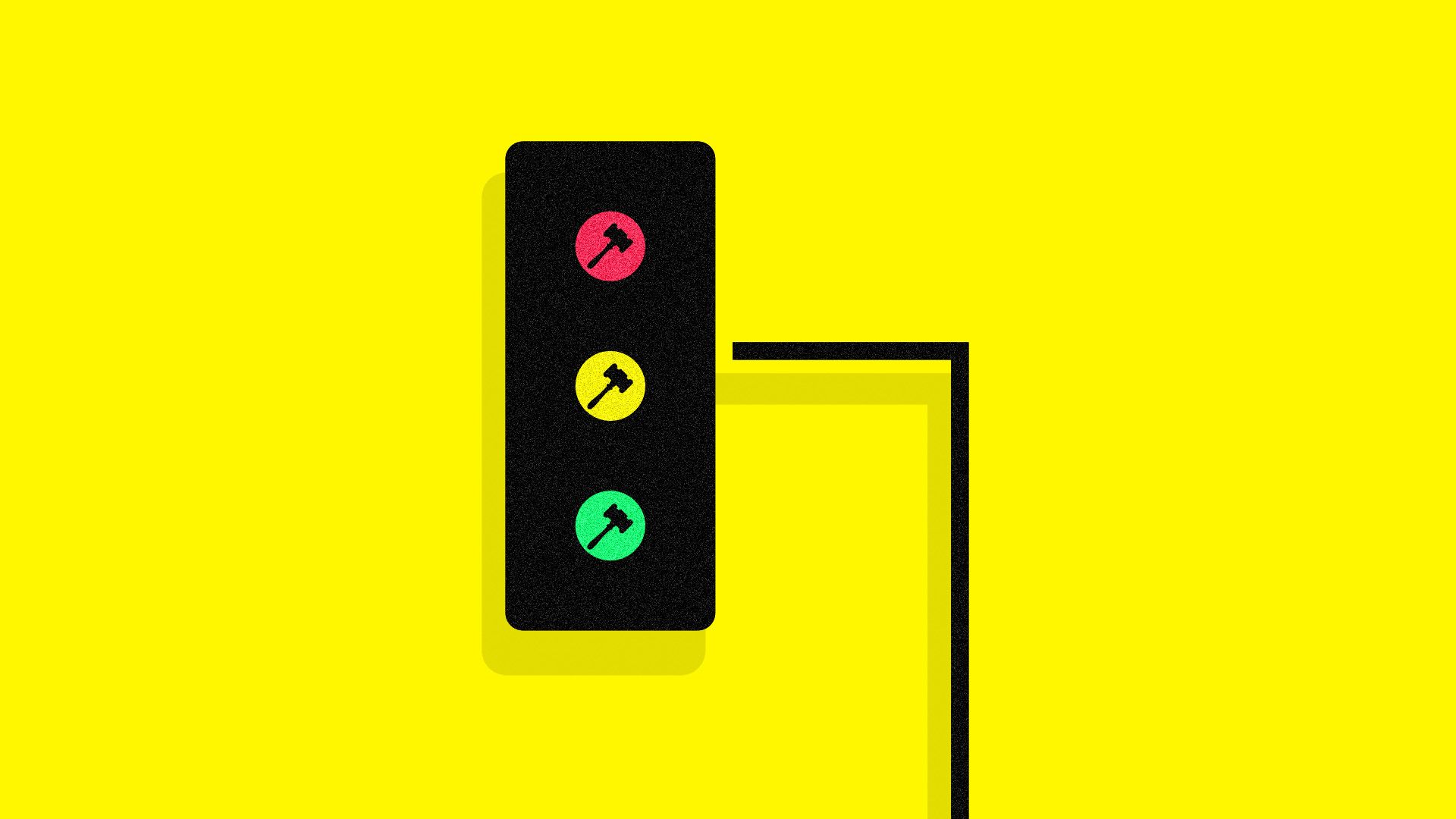Illustration of traffic light with gavels in each light