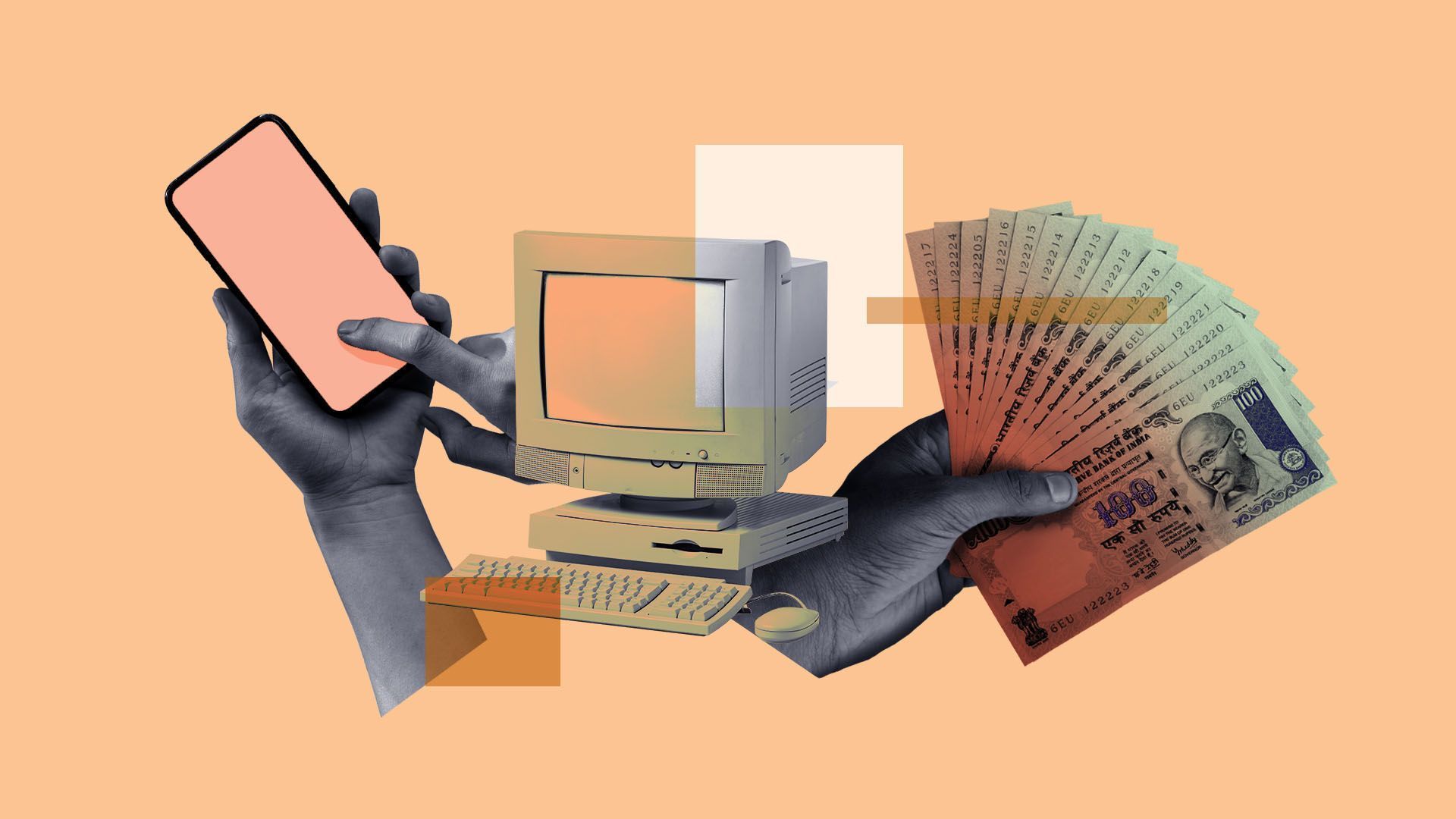 Image of a phone, desktop PC and hand with money on an orange backdrop