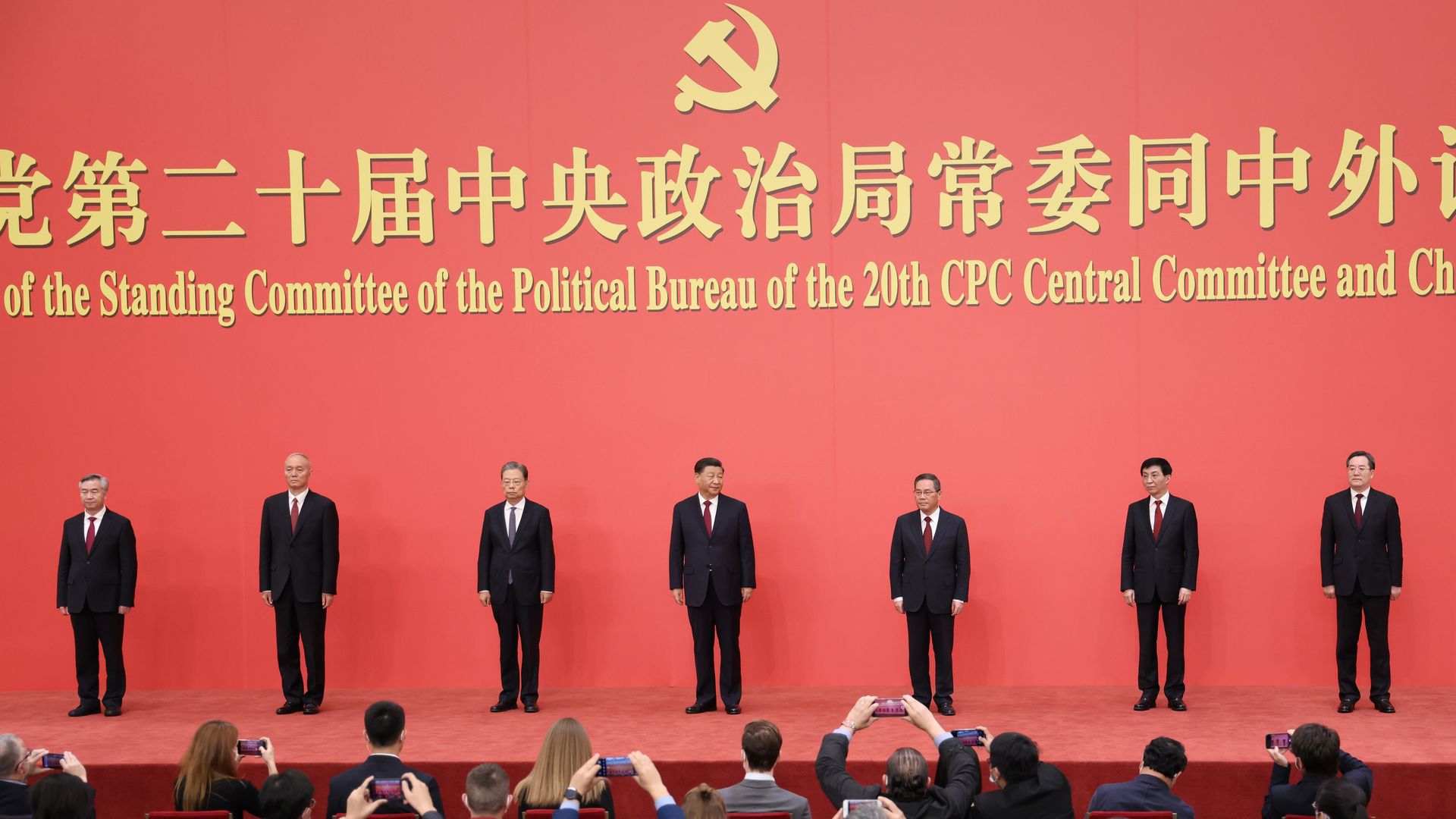  (L-R)Li Xi, Cai Qi, Zhao Leji, Xi Jinping ,Li Qiang, Wang Huning and Ding Xuexiang of the standing committee of the 20th CPC Central Committee in Beijing, China.