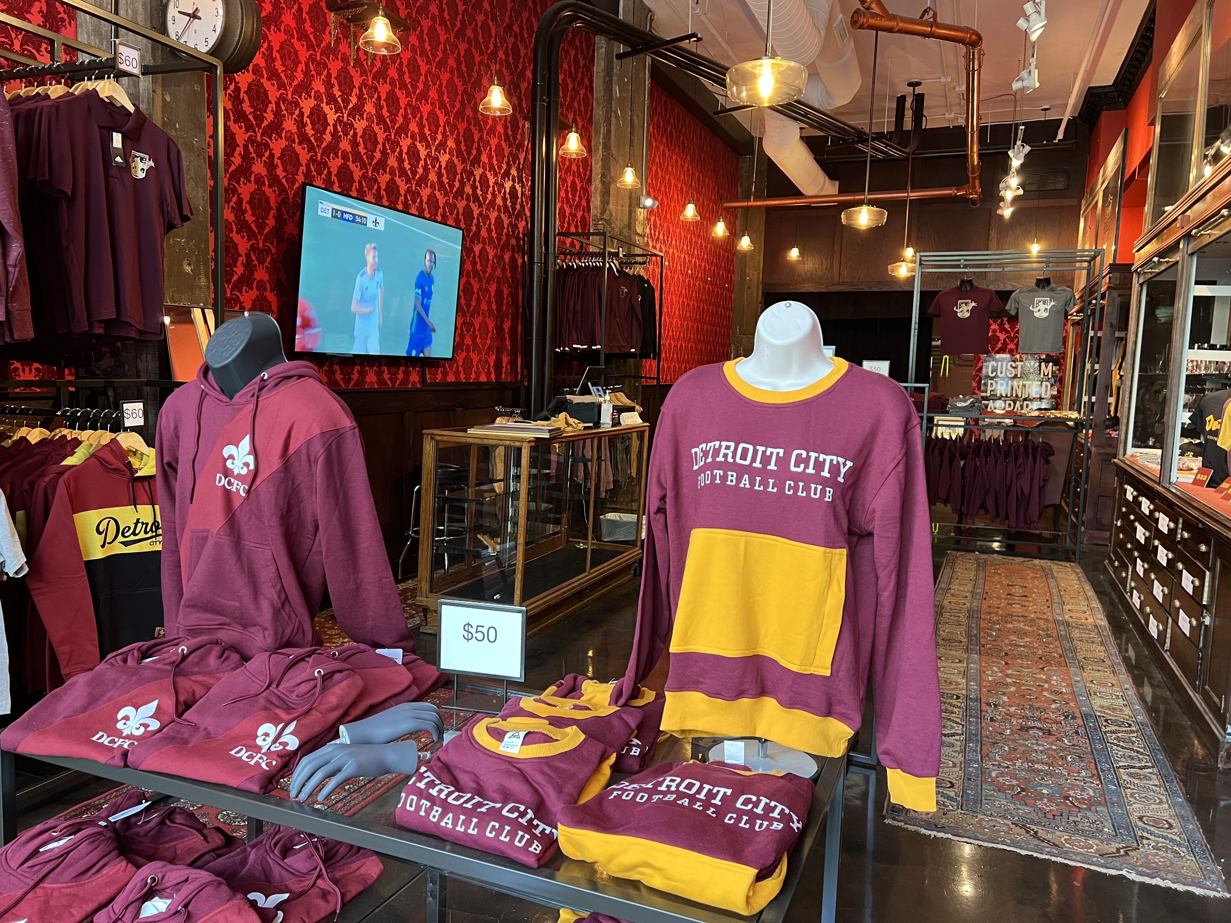Detroit City FC gear inside the new shop.