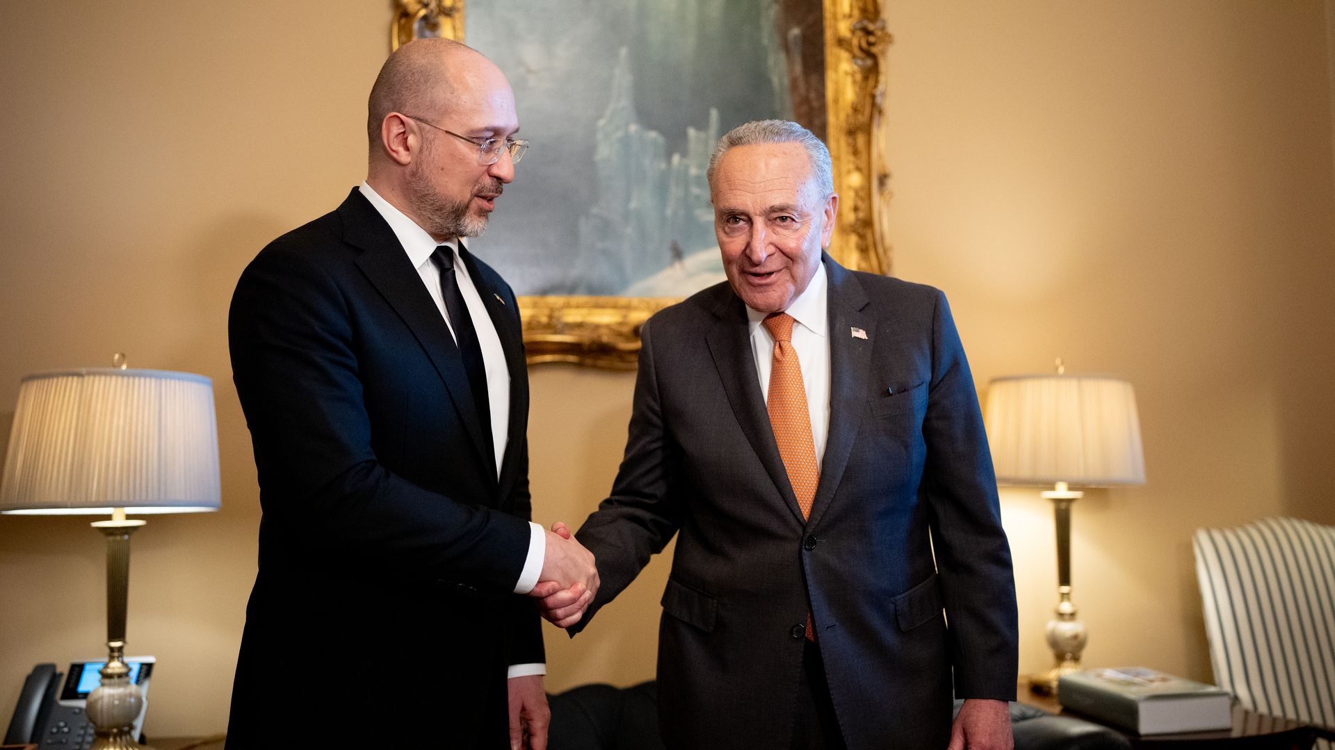  Senate Majority Leader Chuck Schumer (D-NY) meets with Ukraine's Prime Minister Denys Shmyhal (L) on Capitol Hill