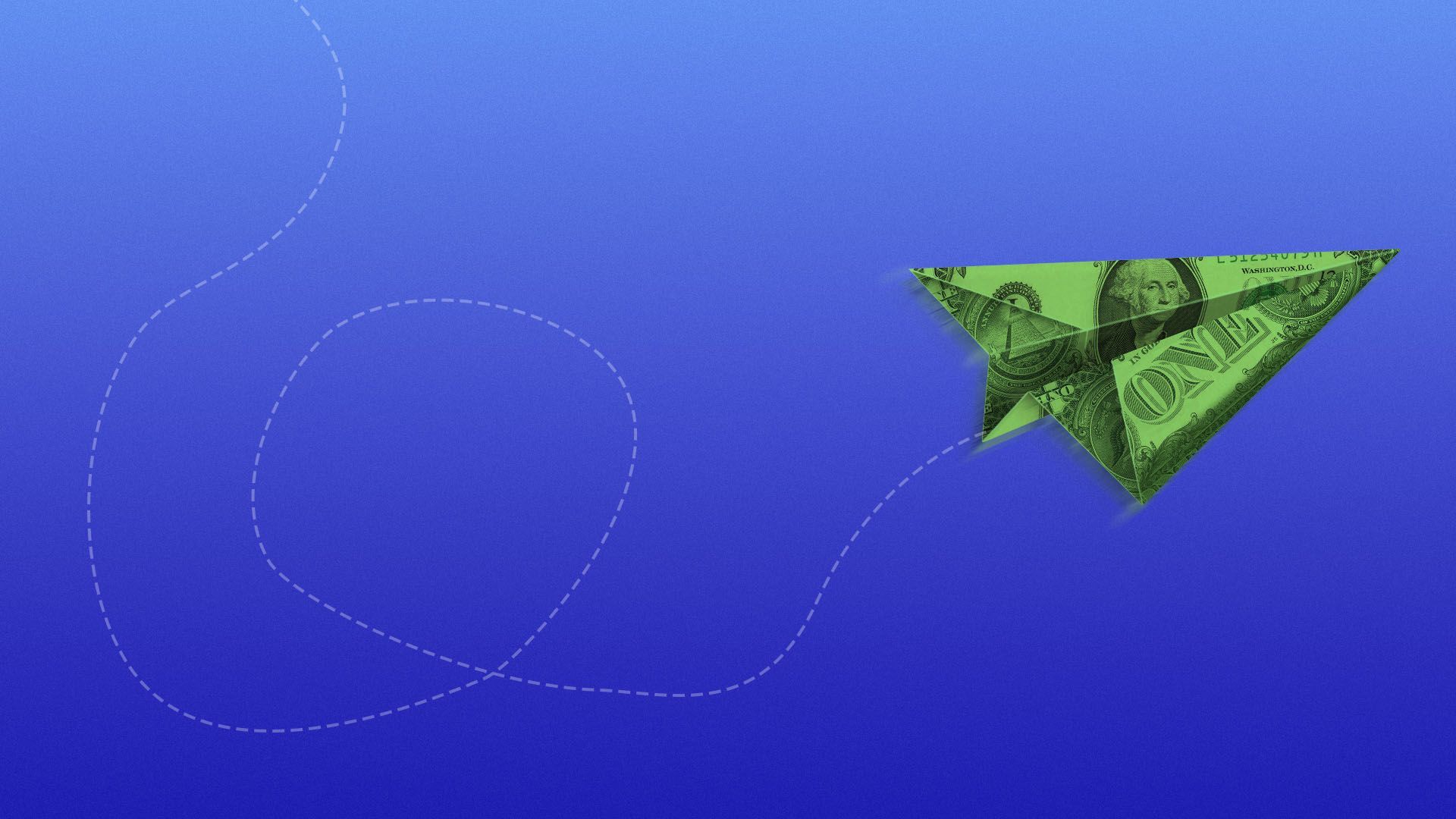 Illustration of a paper airplane made of out of a dollar flying on a looping path