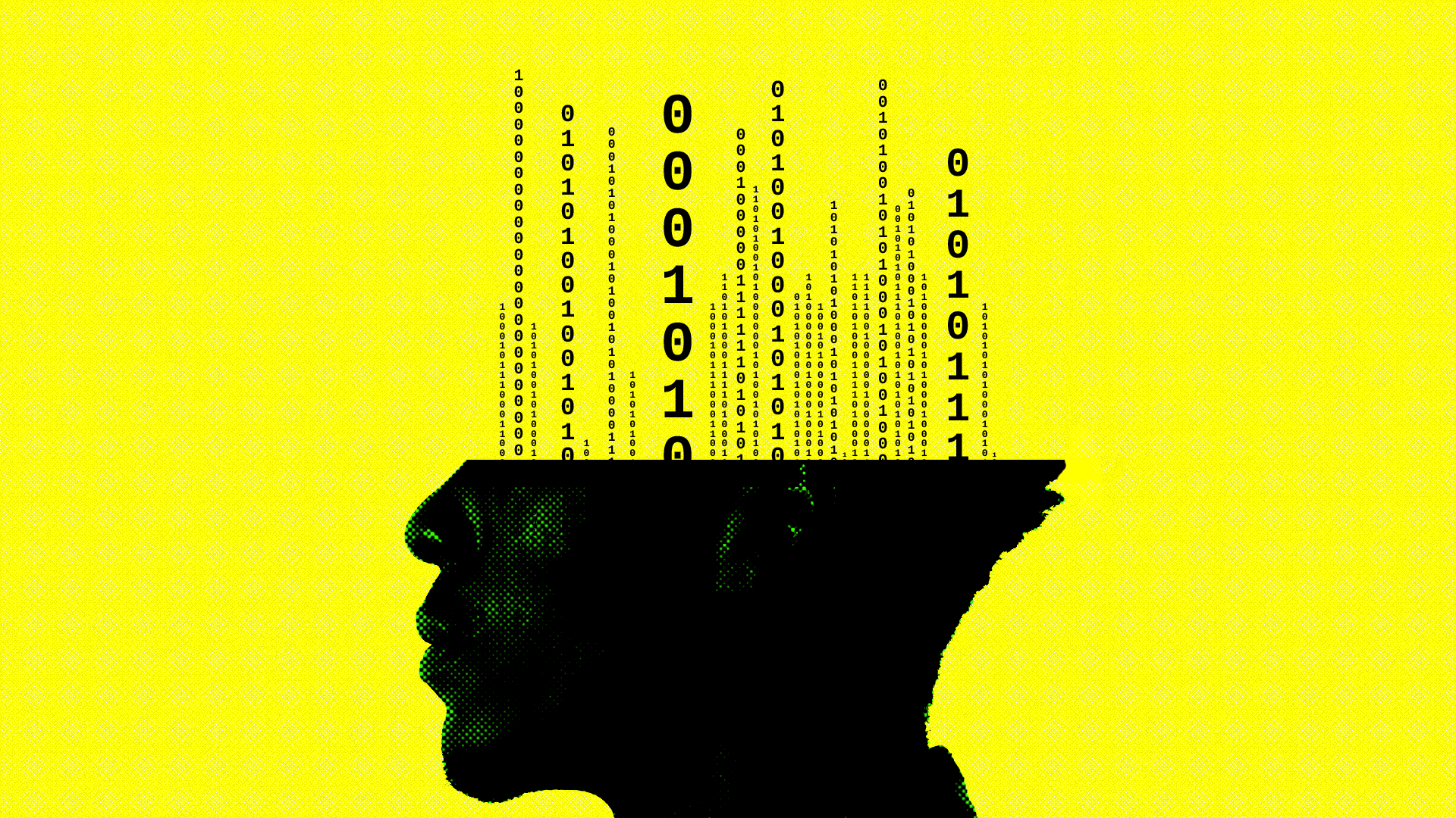 An illustration of ones and zeros coming out of a person's head