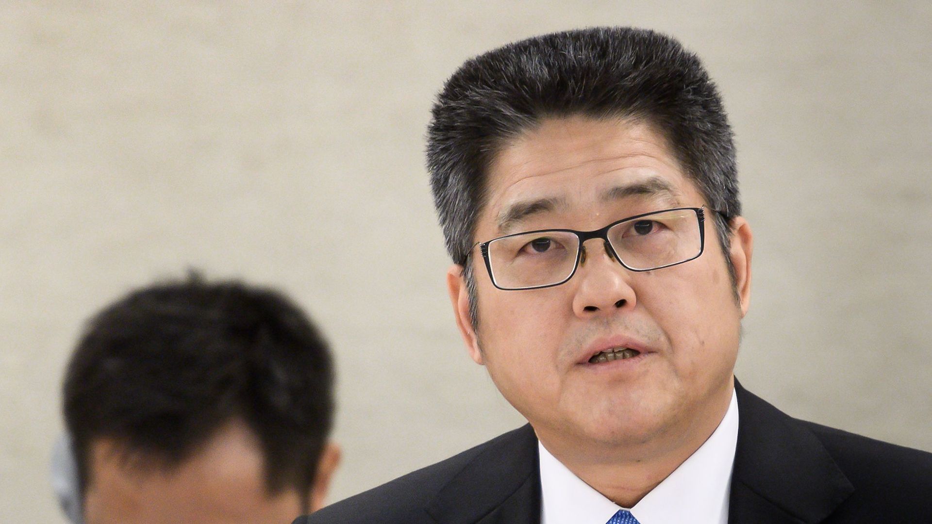 Chinese Vice Minister of Foreign Affairs Le Yucheng (R) attends the Universal Periodic Review of China before the United Nations (UN) Human Rights Council on November 6, 2018 in Geneva