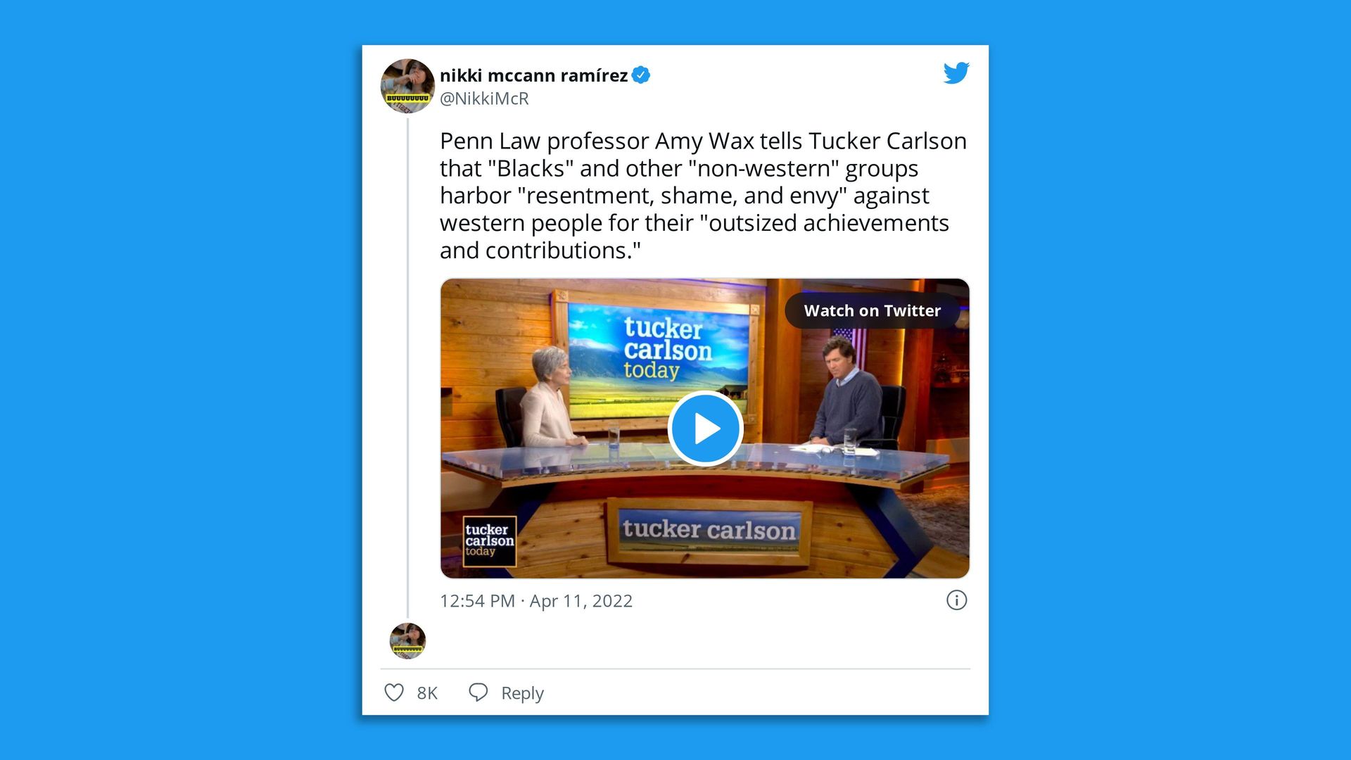 A screenshot of a tweet with University of Pennsylvania professor Amy Wax and Fox News host Tucker Carlson.