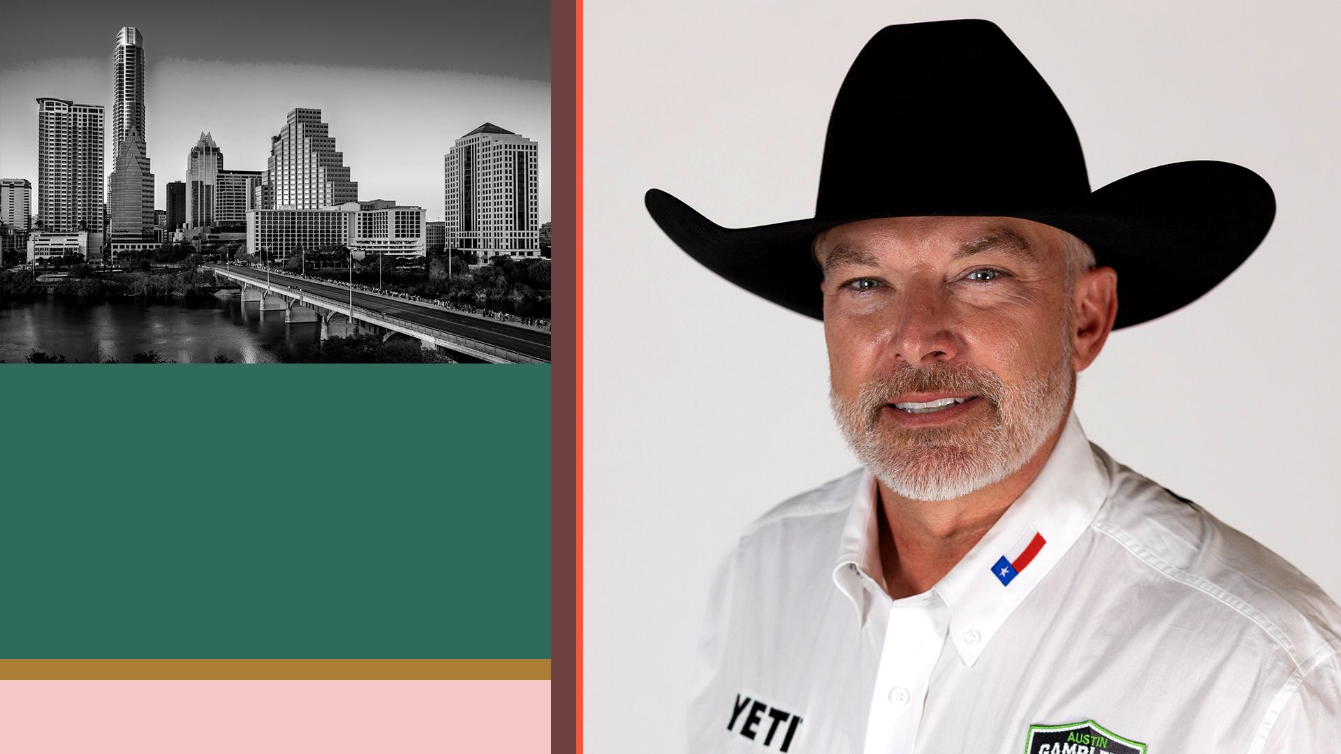 Photo illustration of J.J. Gottsch next to a photo of the Austin skyline and colorful rectangles.