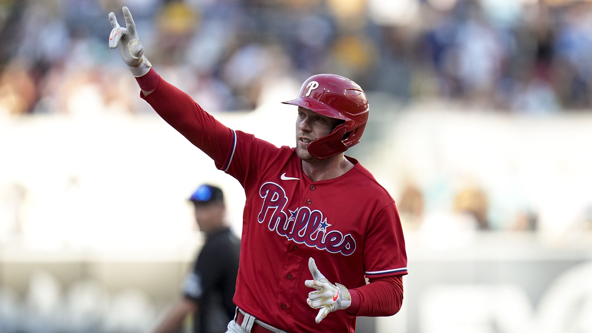 Philadelphia Phillies' Rhys Hoskins celebrates his home run against the San Diego Padres on Wednesday.
