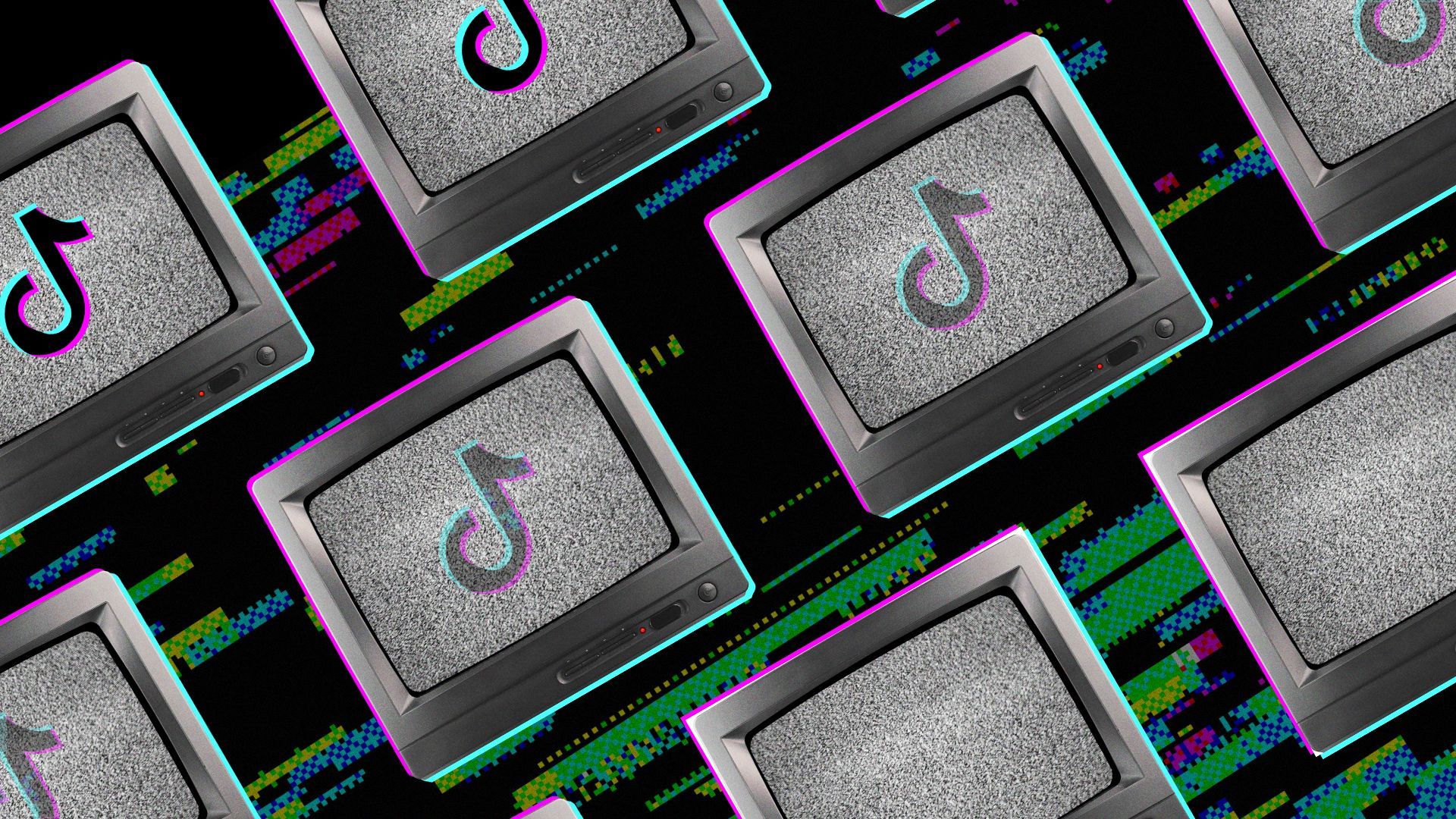 Illustration of a pattern of TVs with the TikTok logo gradually disappearing from them.
