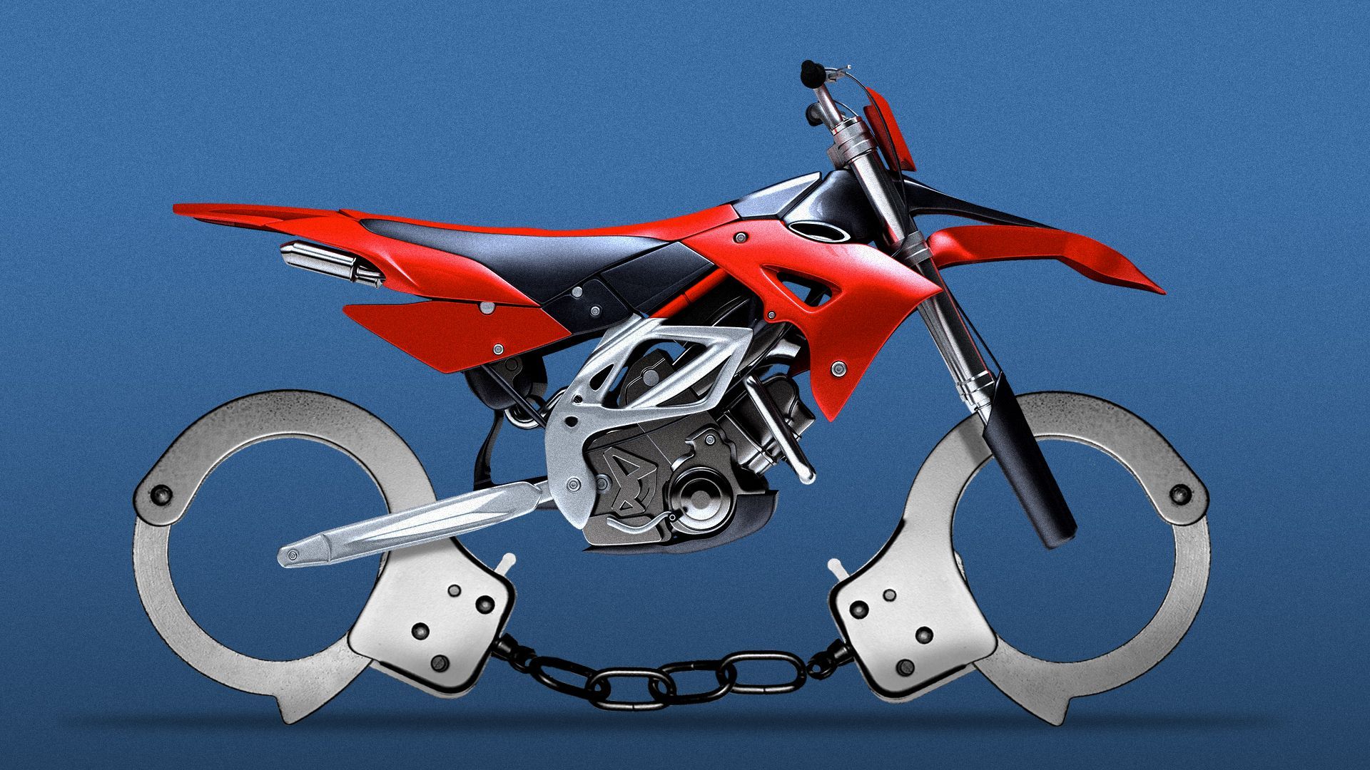 Illustration of a dirt bike with handcuffs in place of the wheels.