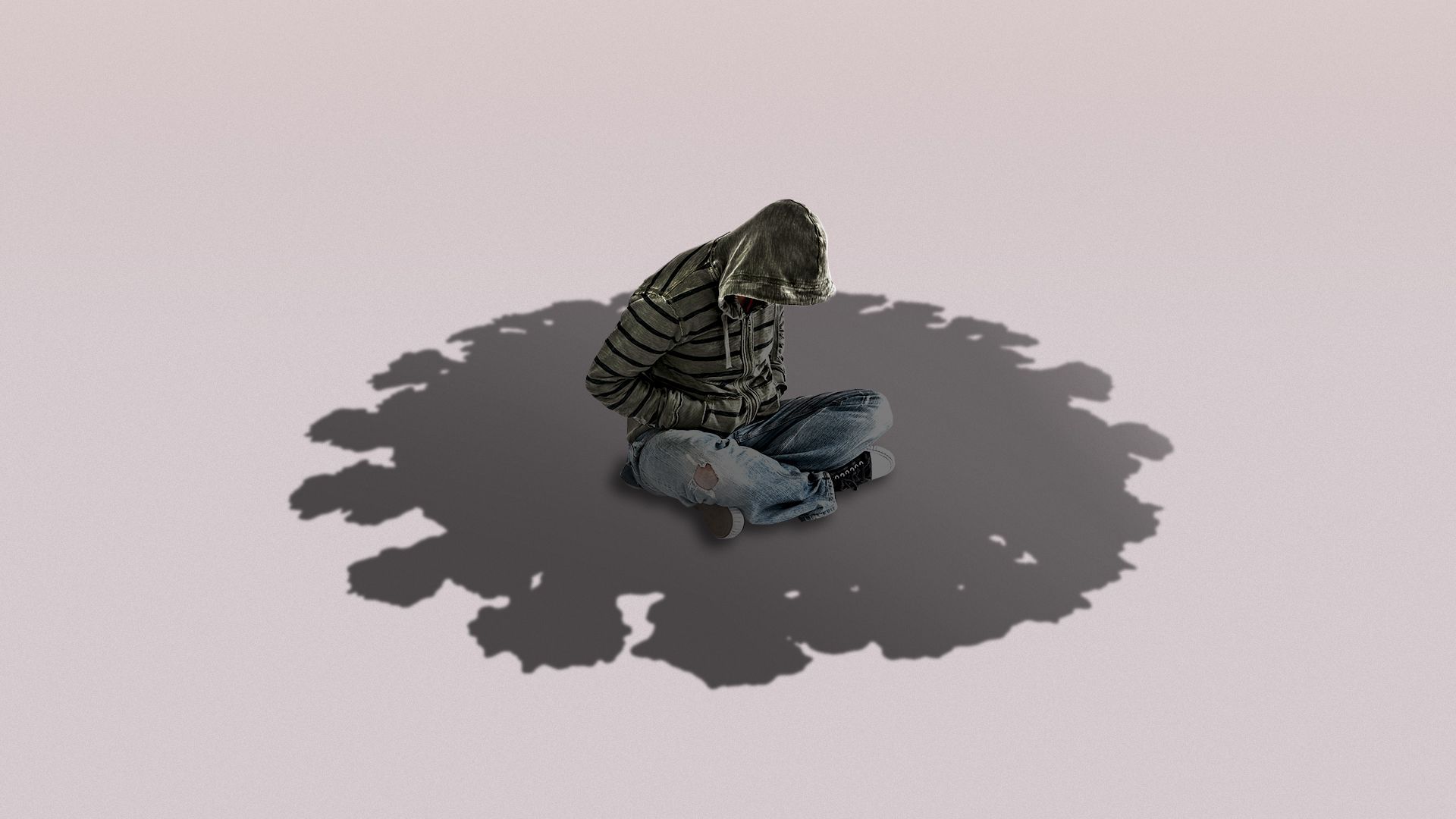 Illustration of a person sitting on the ground under a covid-19 shaped shadow
