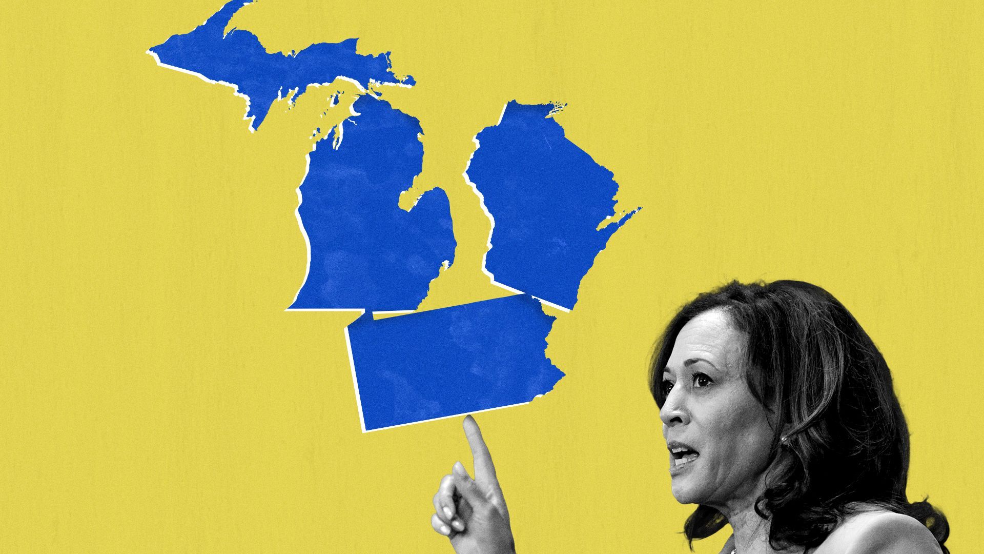 Photo illustration of Kamala Harris balancing Michigan, Pennsylvania, and Wisconsin on her finger.