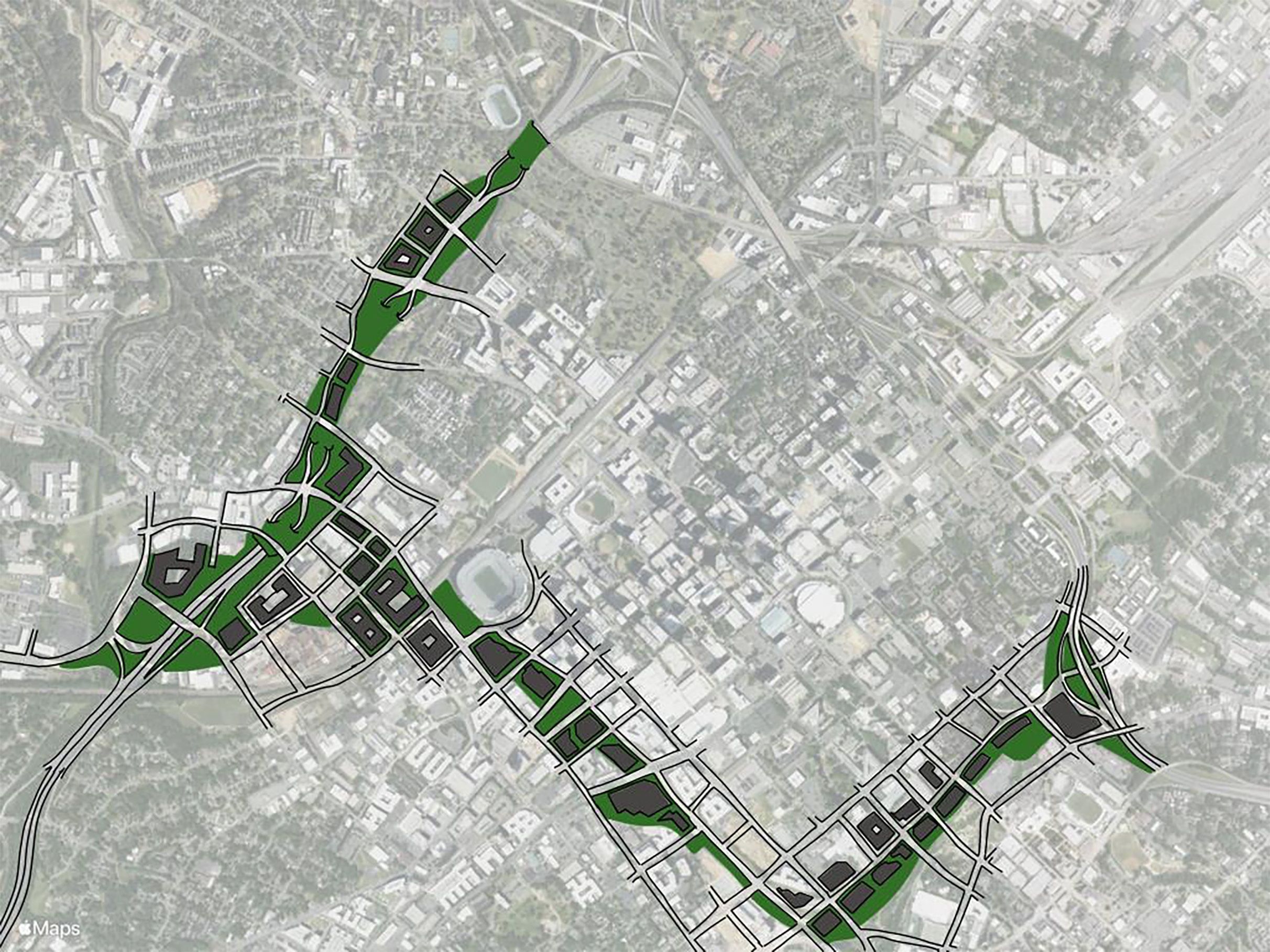 Overhead city map in grayscale with a diagonal green park corridor, black street grid, and dark blocks indicating urban areas.