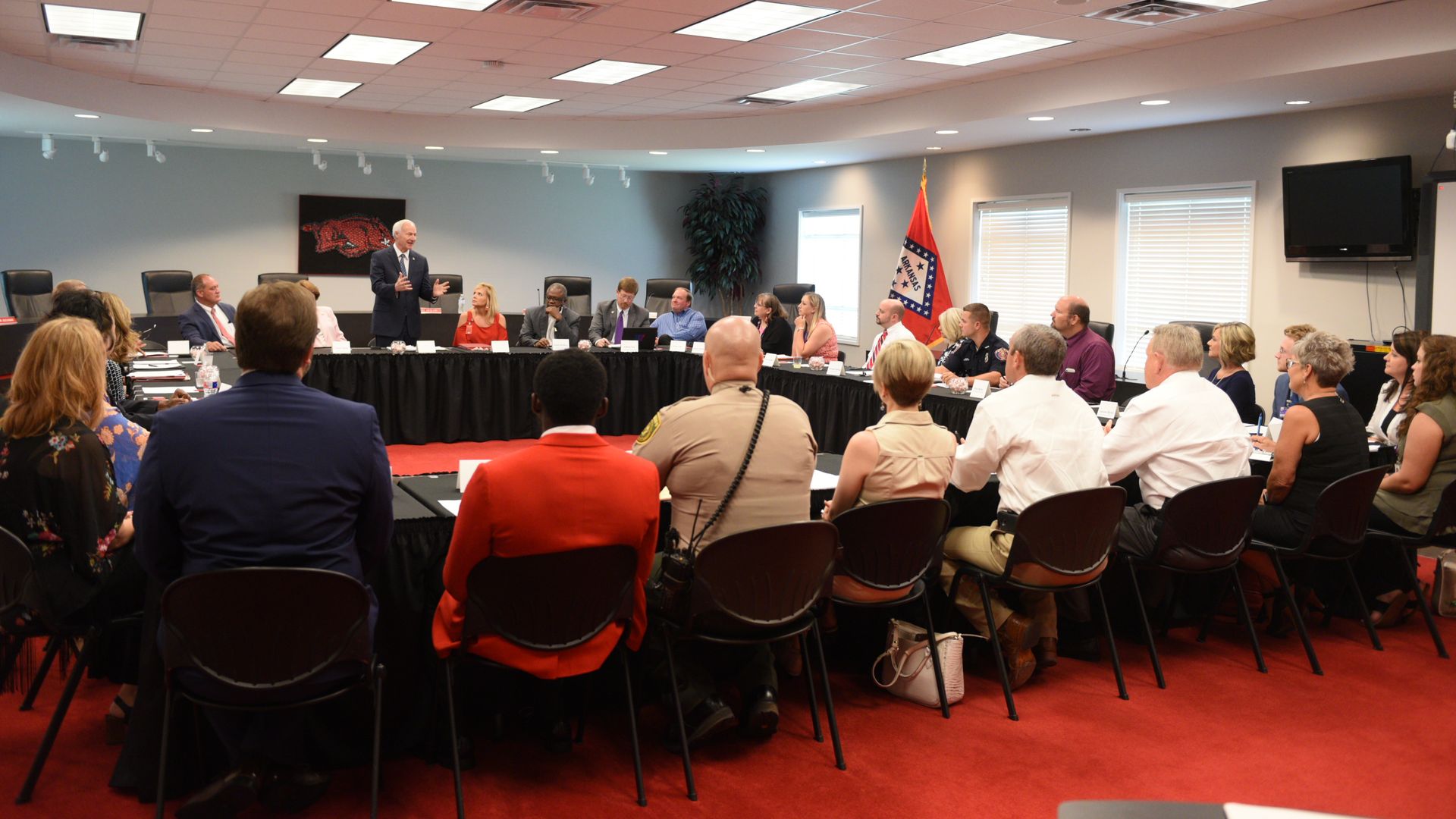Gov. Asa Hutchinson addresses a group gathered for a school safety roundtable in July 2018. Photo: courtesy Arkansas Governor's office. 