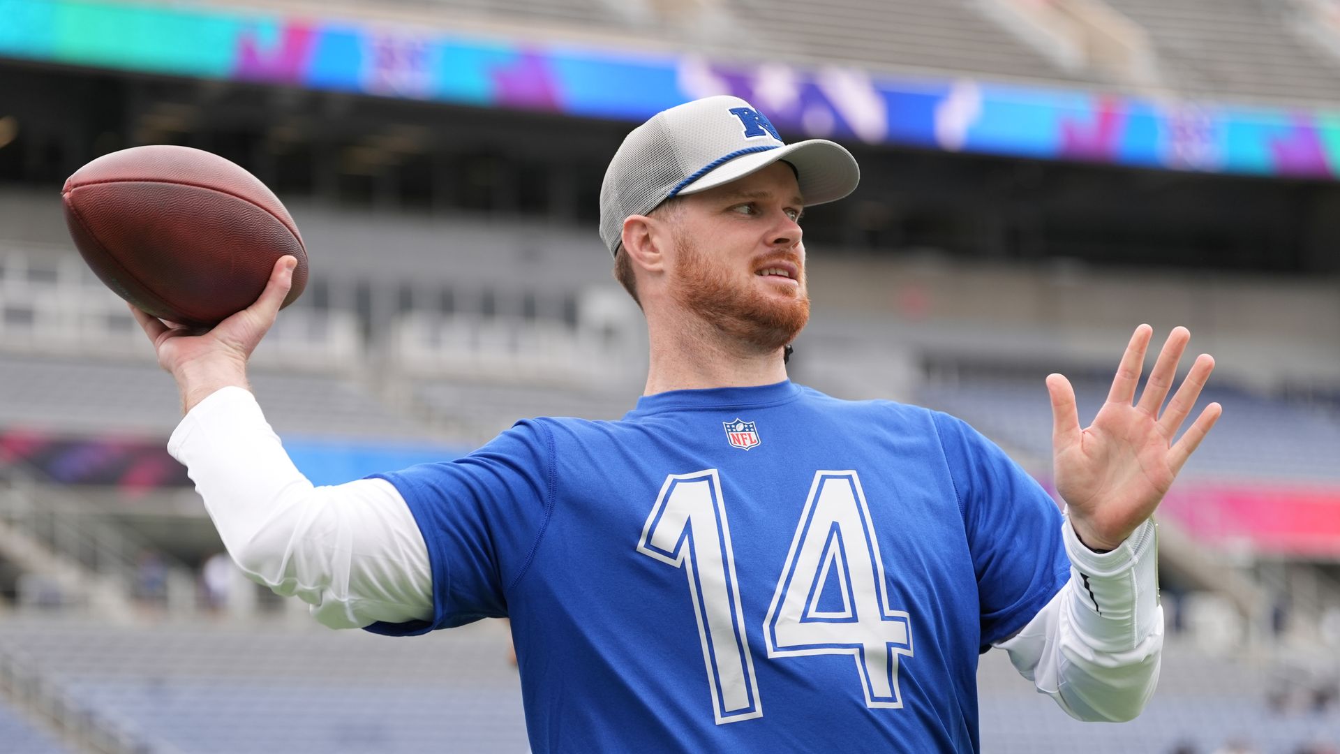 ORLANDO, FLORIDA - JANUARY 26: Sam Darnold #14 of the Minnesota Vikings and NFC throws a pass during practice prior to the Pro Bowl Games at Camping World Stadium on February 1, 2025 in Orlando, Florida