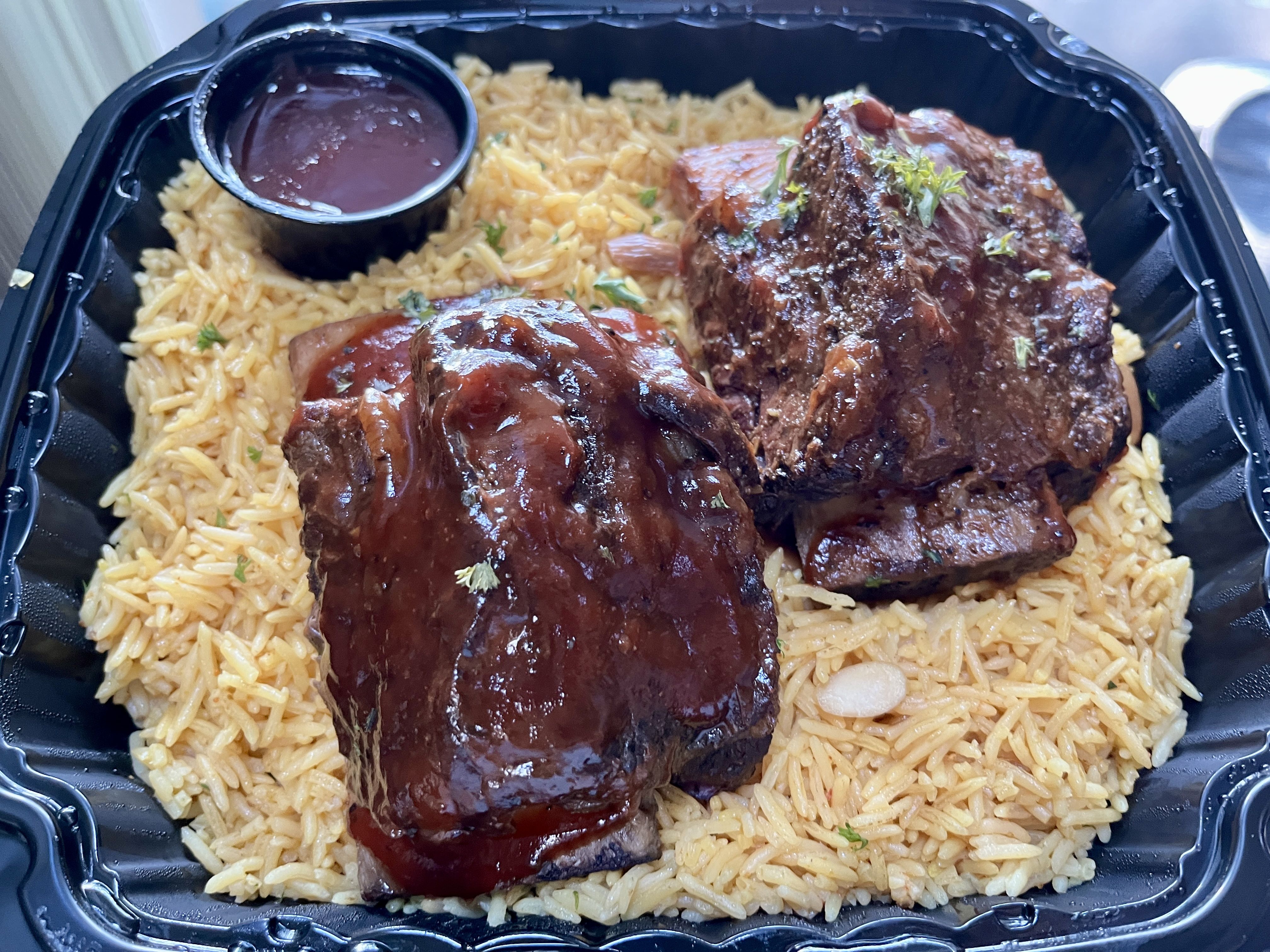 Two pieces of meat on rice 