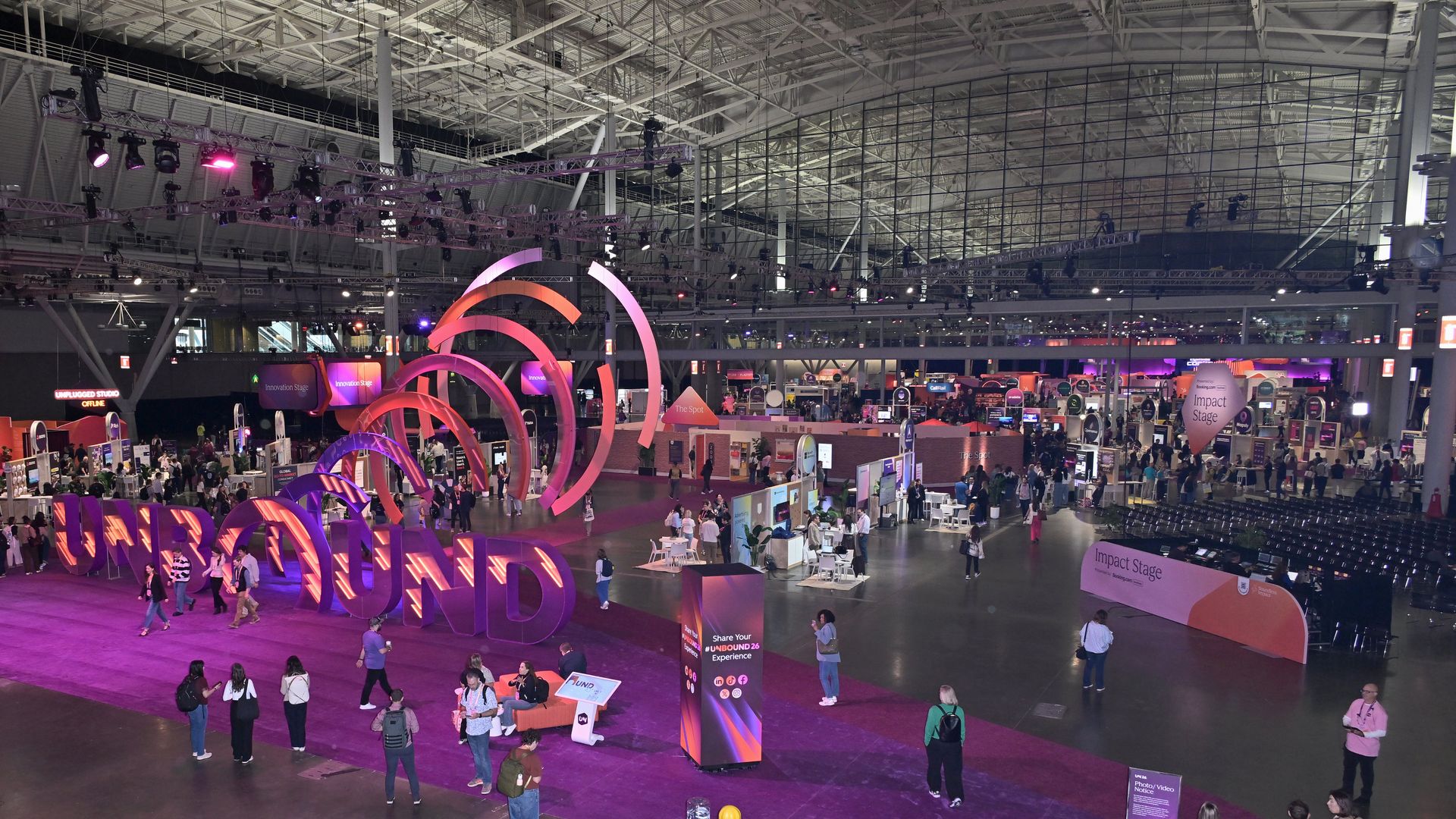 Attendees fill the exhibition space at HubSpot’s UNBOUND 2026 conference in Boston.