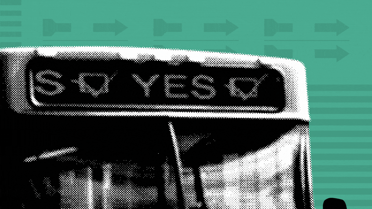 Animated illustration of a bus with a digital sign reading yes, with checkmarks, over a green background with elements of ballots.