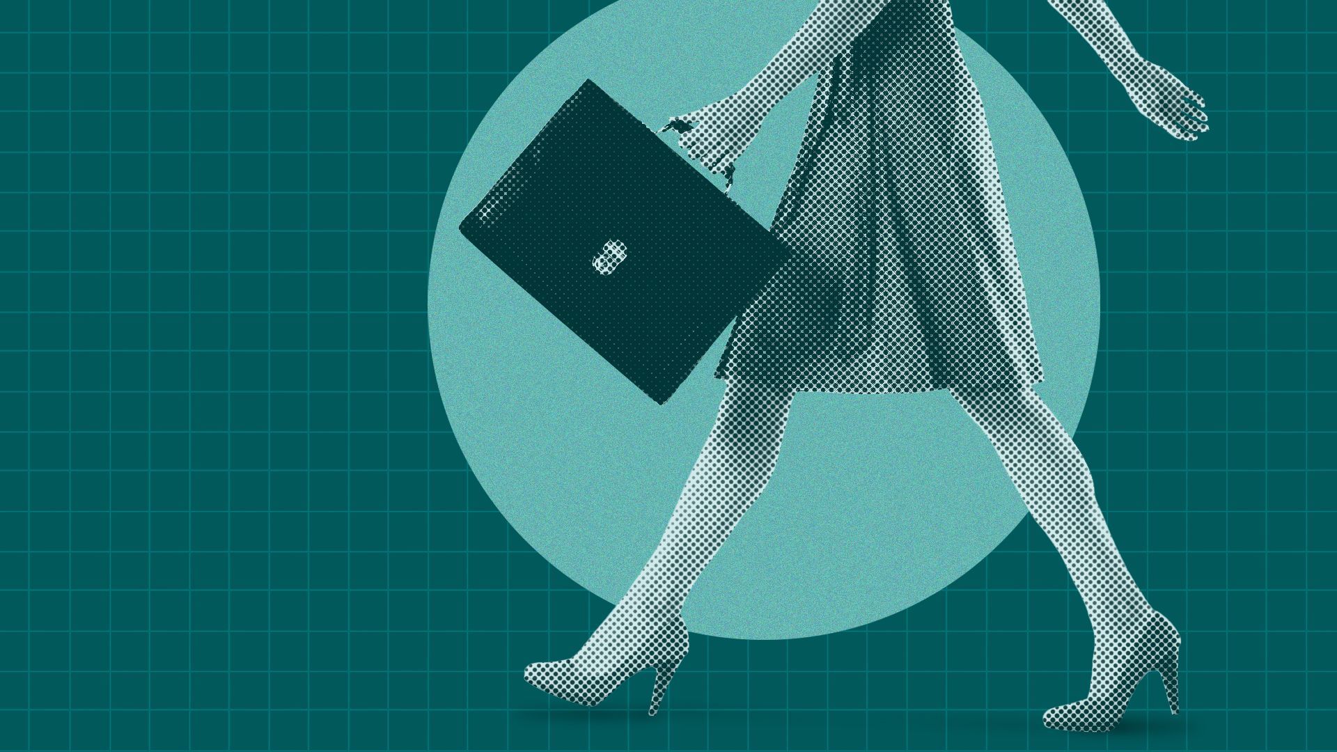 an illustration of a person with a briefcase walking in front of a teal background with graph paper overlay