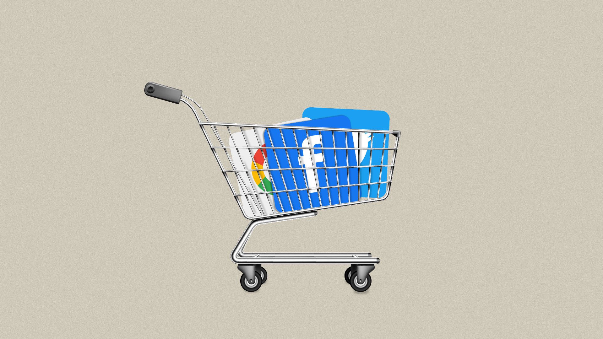 Illustration of shopping cart carrying Facebook, Twitter, and Google icons.